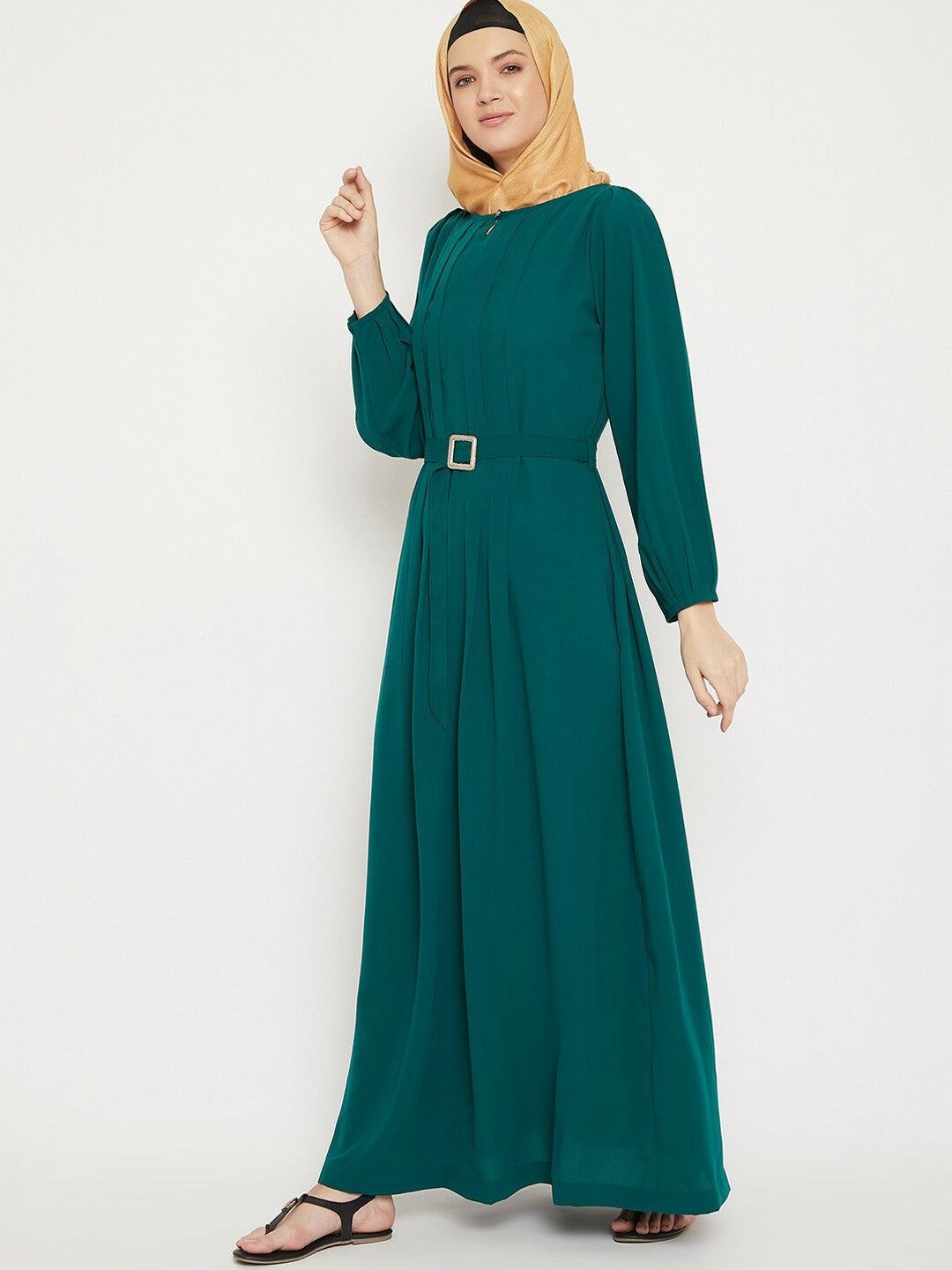 Teal Green Solid Abaya Burqa for Women – Modest Islamic Wear with Belt | Indiaista