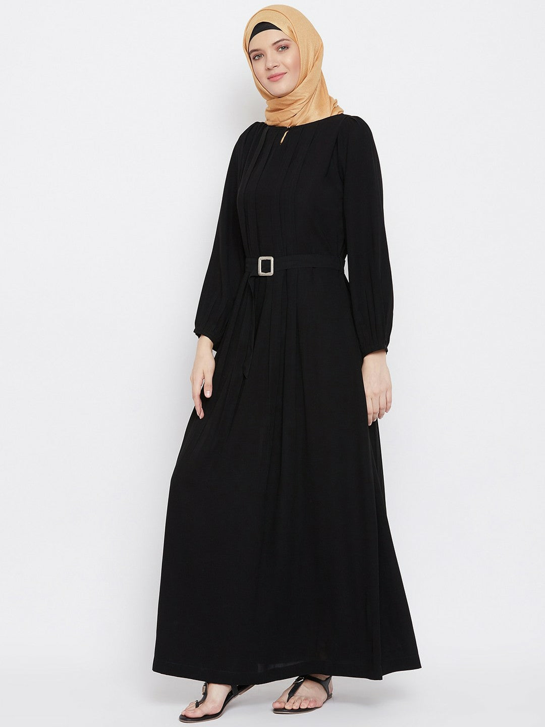 Black Solid Abaya with Pleated Detail & Belt – Modest Islamic Wear for Women
