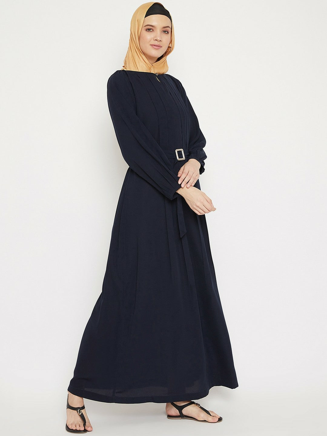 Women’s Navy Blue Solid Abaya with Belt – Modest Islamic Dress | Indiaista