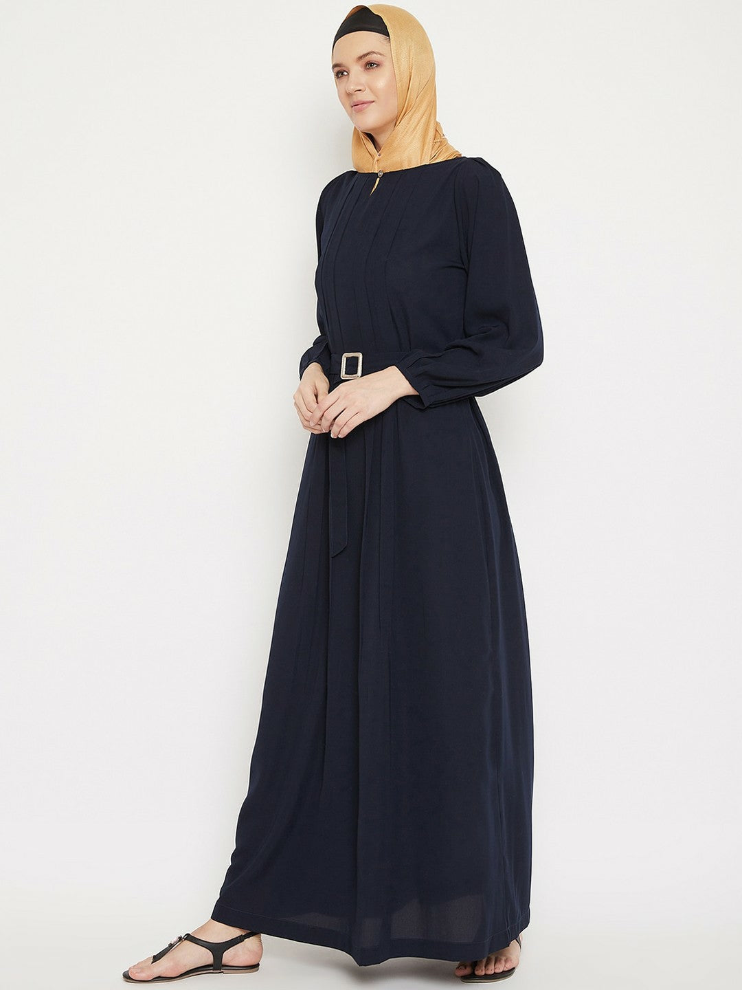 Women’s Navy Blue Solid Abaya with Belt – Modest Islamic Dress | Indiaista