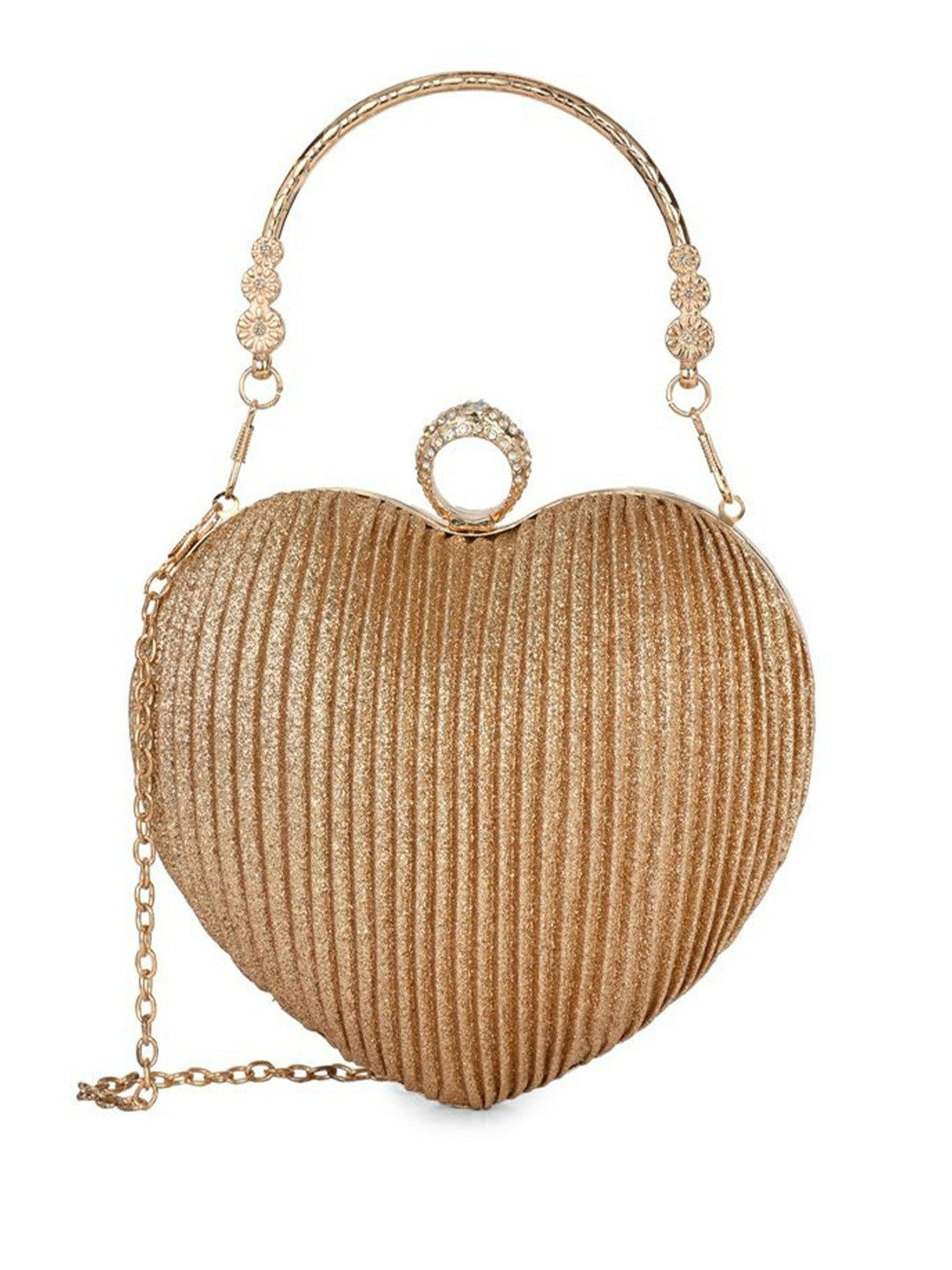 Gold-Toned Embellished Box Clutch with Dual Compartments & Strap