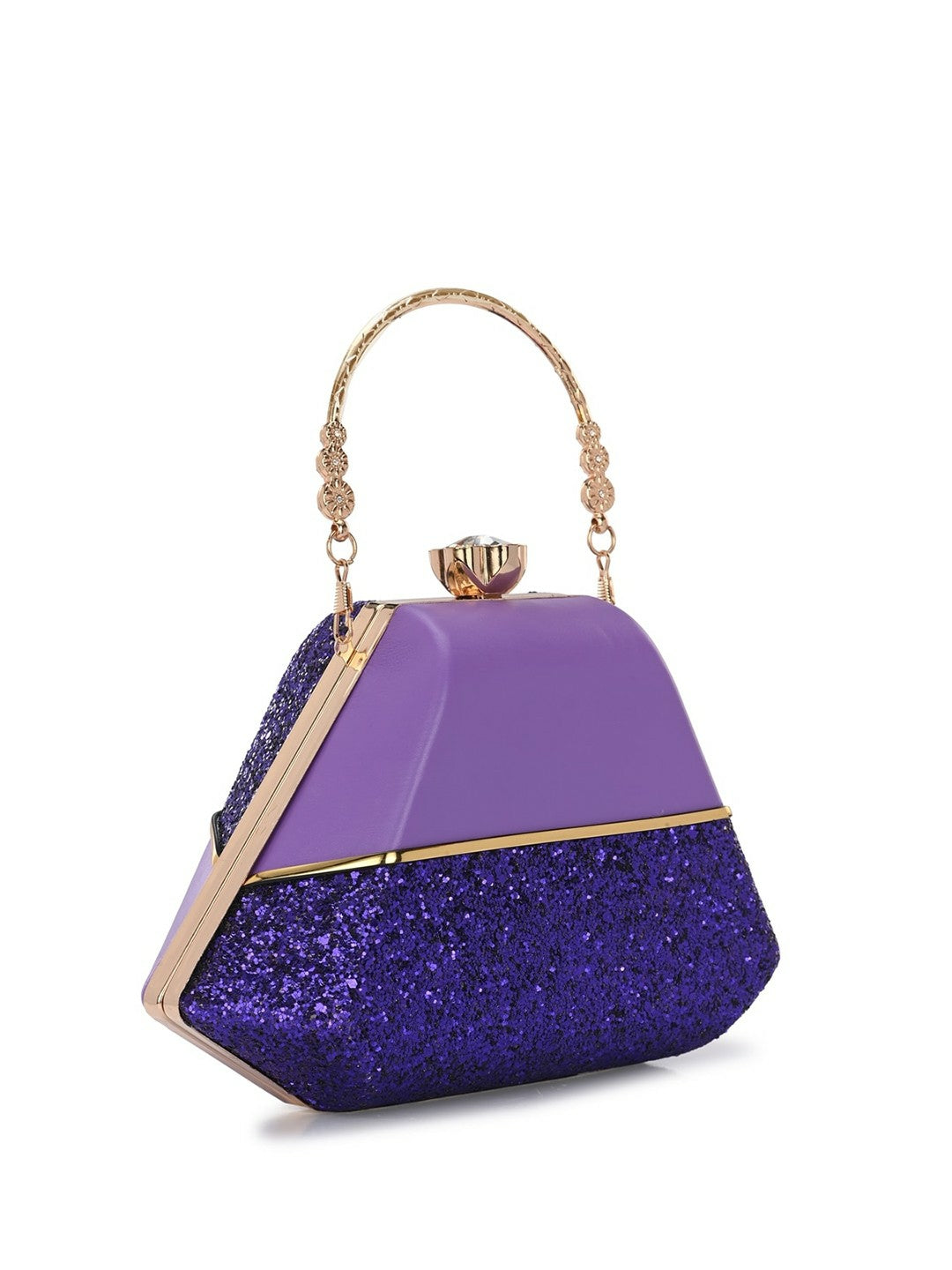 Purple & Gold Embellished Box Clutch with Handle & Strap