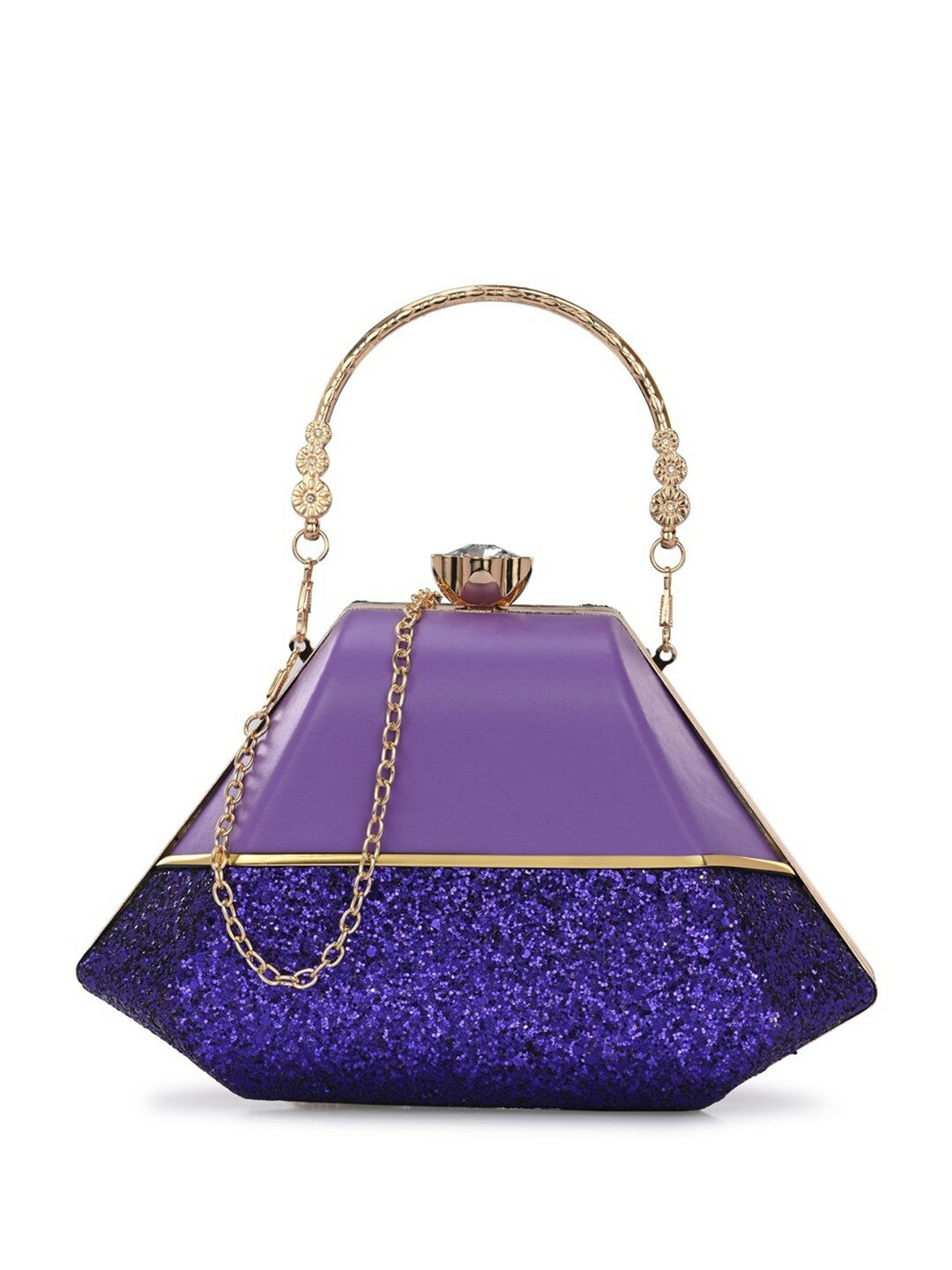 Purple & Gold Embellished Box Clutch with Handle & Strap