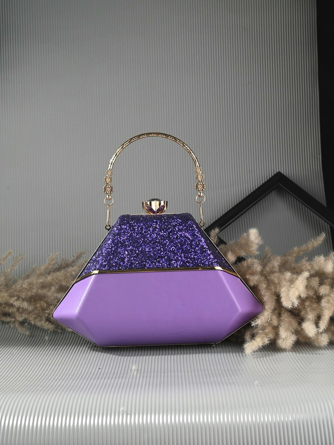Purple & Gold Embellished Box Clutch with Handle & Strap