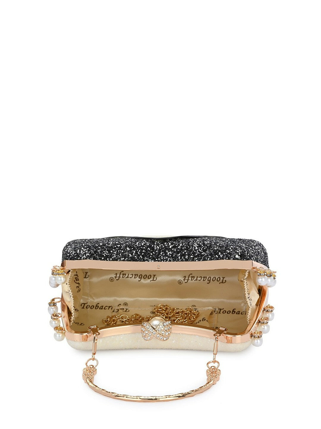 White & Black Embellished Box Clutch with Wrist Loop