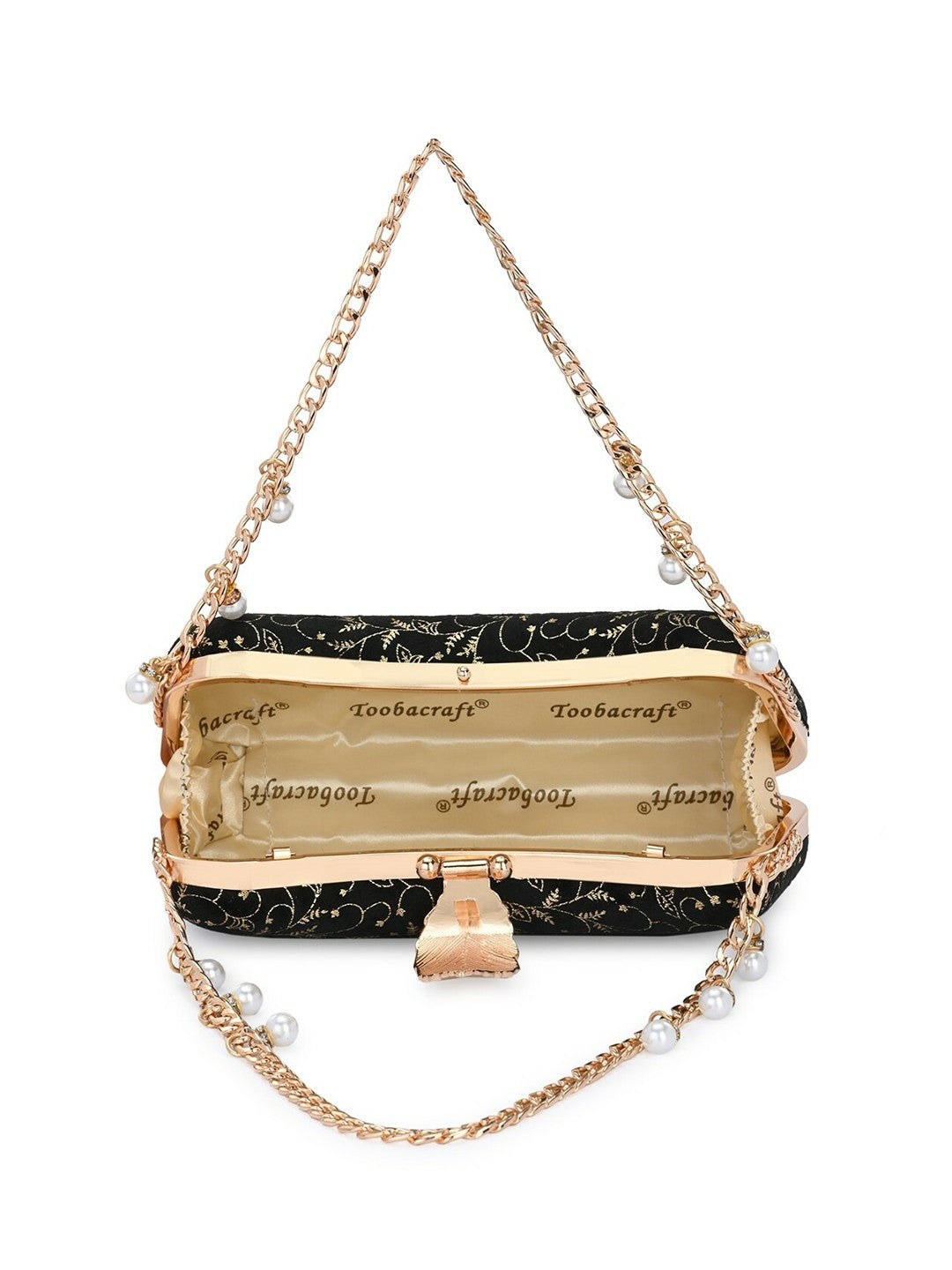 Black Embellished Box Clutch with Wrist Loop & Button Closure