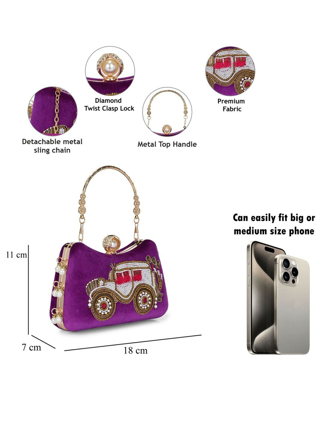 Purple & Gold Embellished Box Clutch with Shoulder Strap