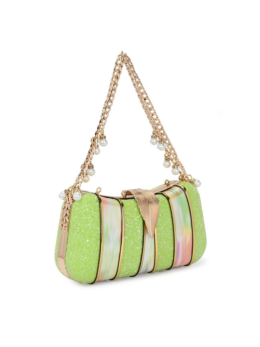 Green & Gold Embellished Box Clutch with Wrist Loop