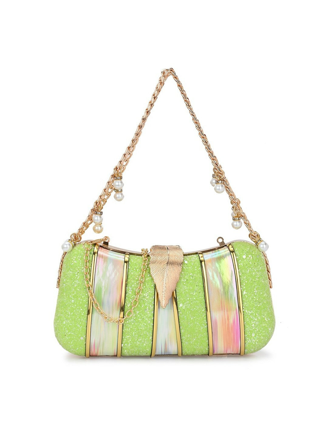 Green & Gold Embellished Box Clutch with Wrist Loop
