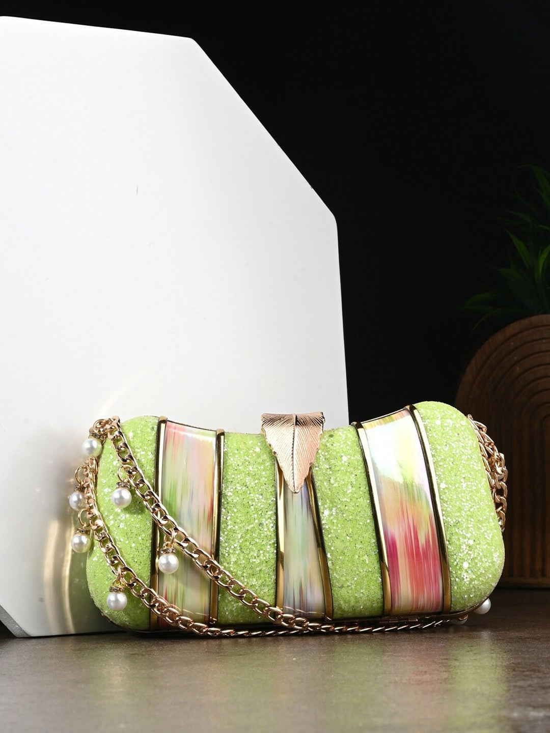 Green & Gold Embellished Box Clutch with Wrist Loop