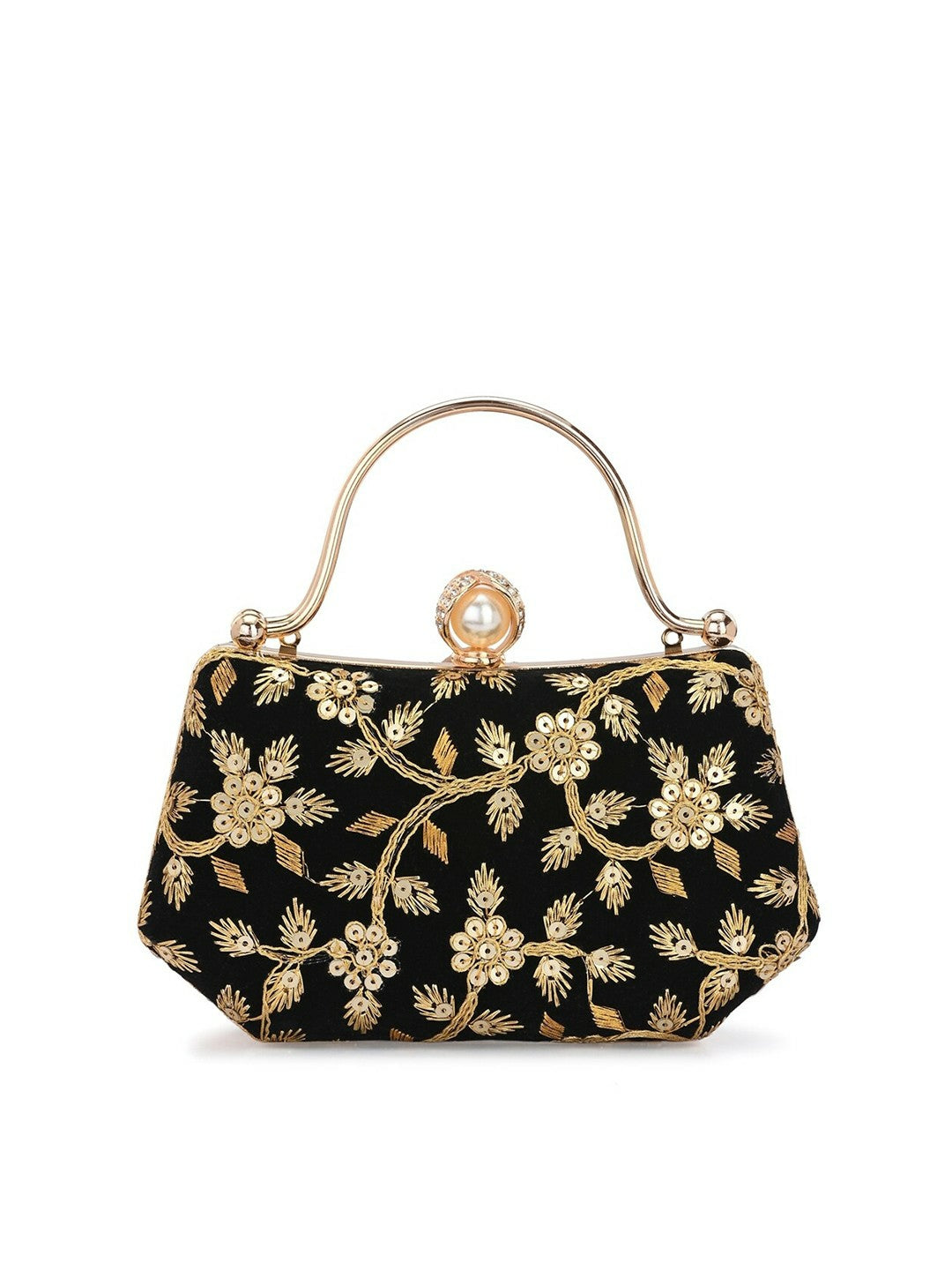 Black & Gold Embellished Box Clutch with Wrist Loop