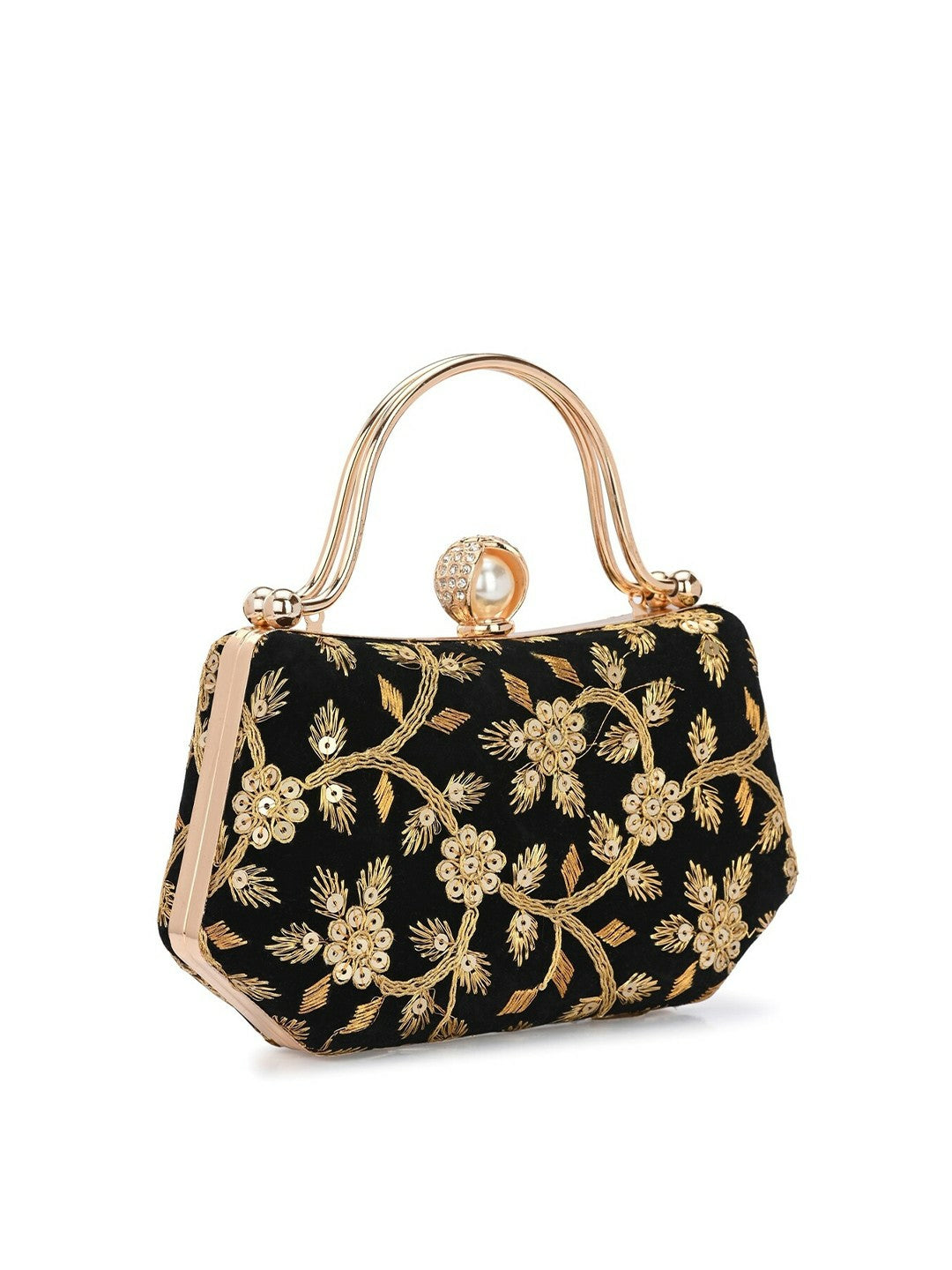Black & Gold Embellished Box Clutch with Wrist Loop