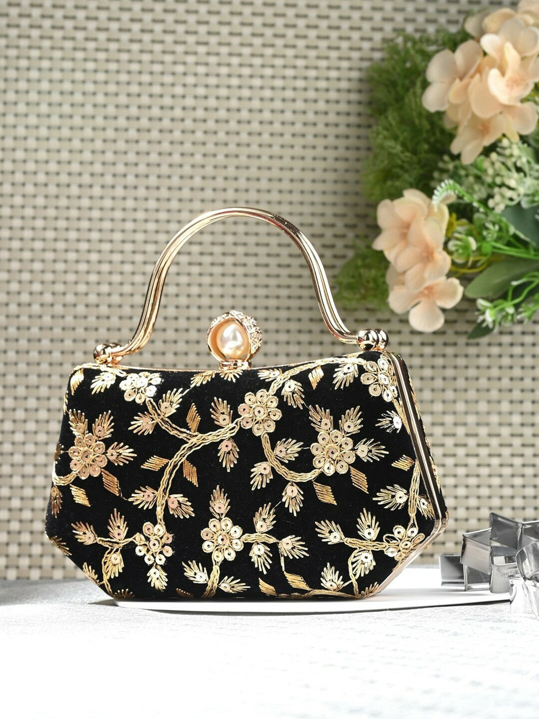 Black & Gold Embellished Box Clutch with Wrist Loop