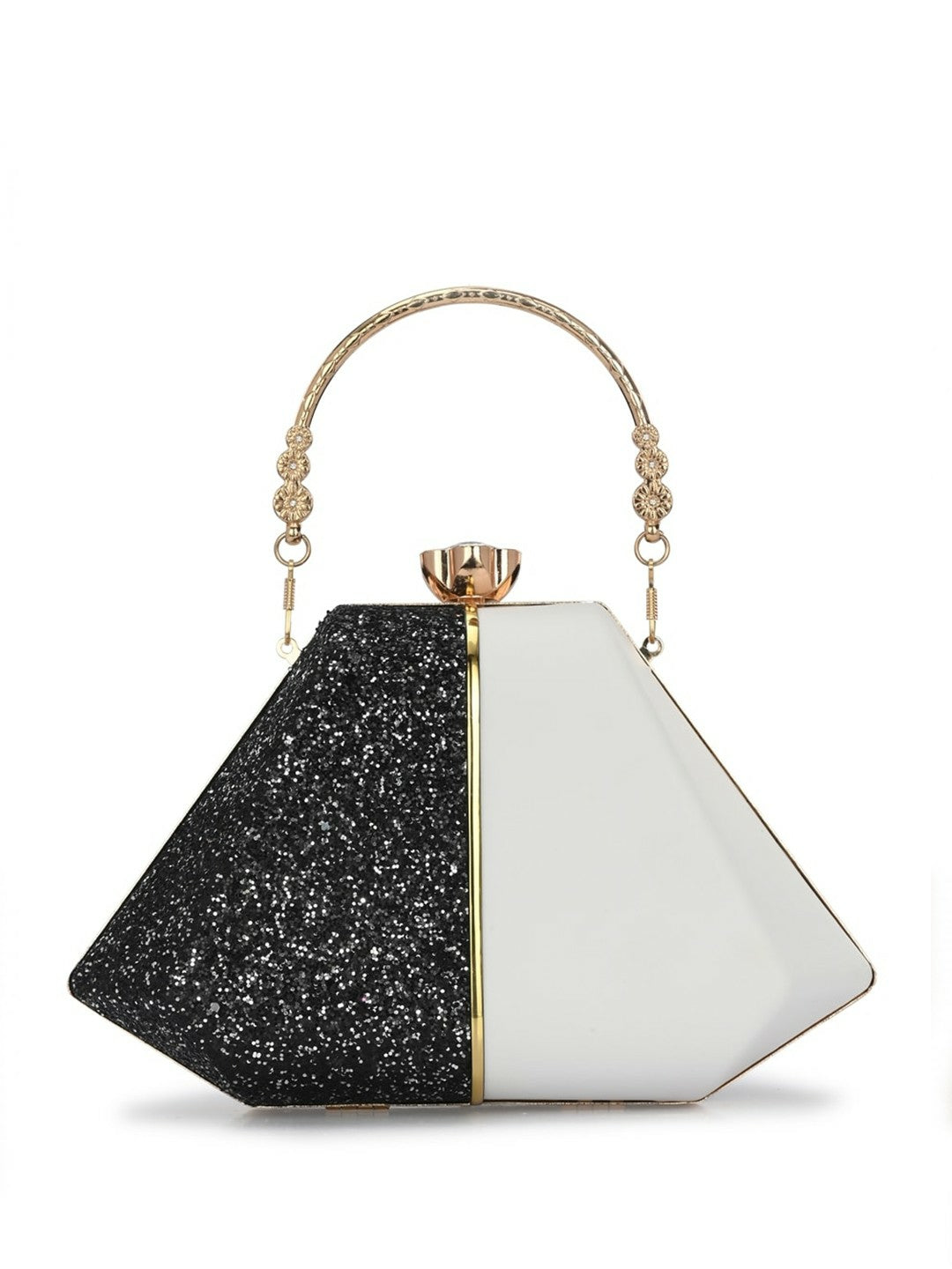 Black & White Colourblocked Embellished Box Clutch