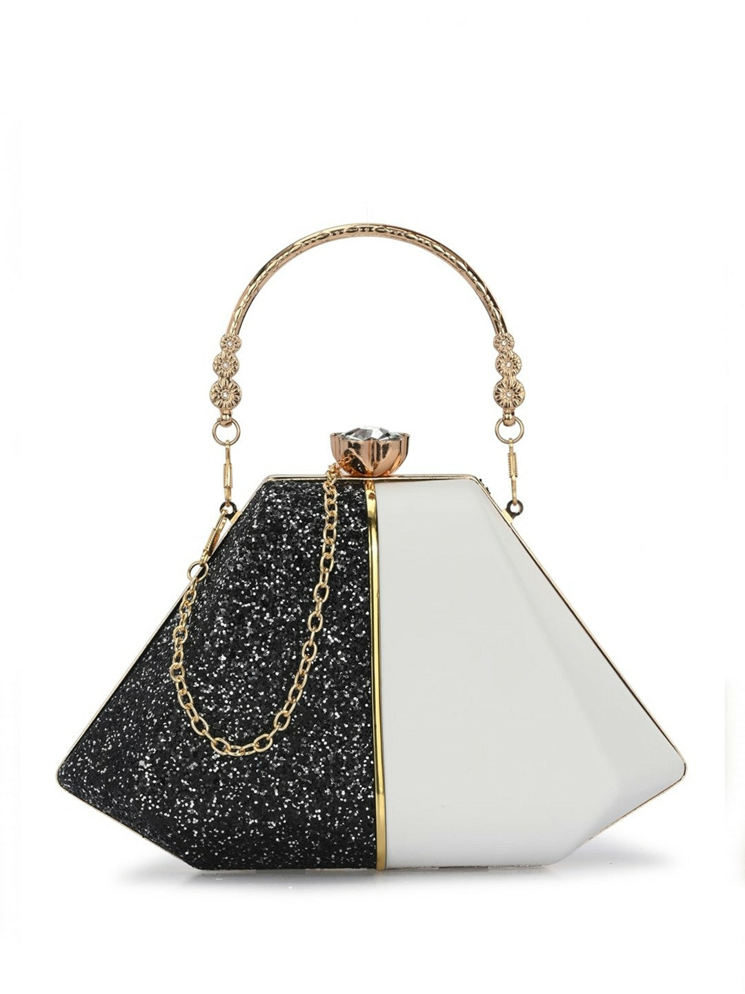 Black & White Colourblocked Embellished Box Clutch