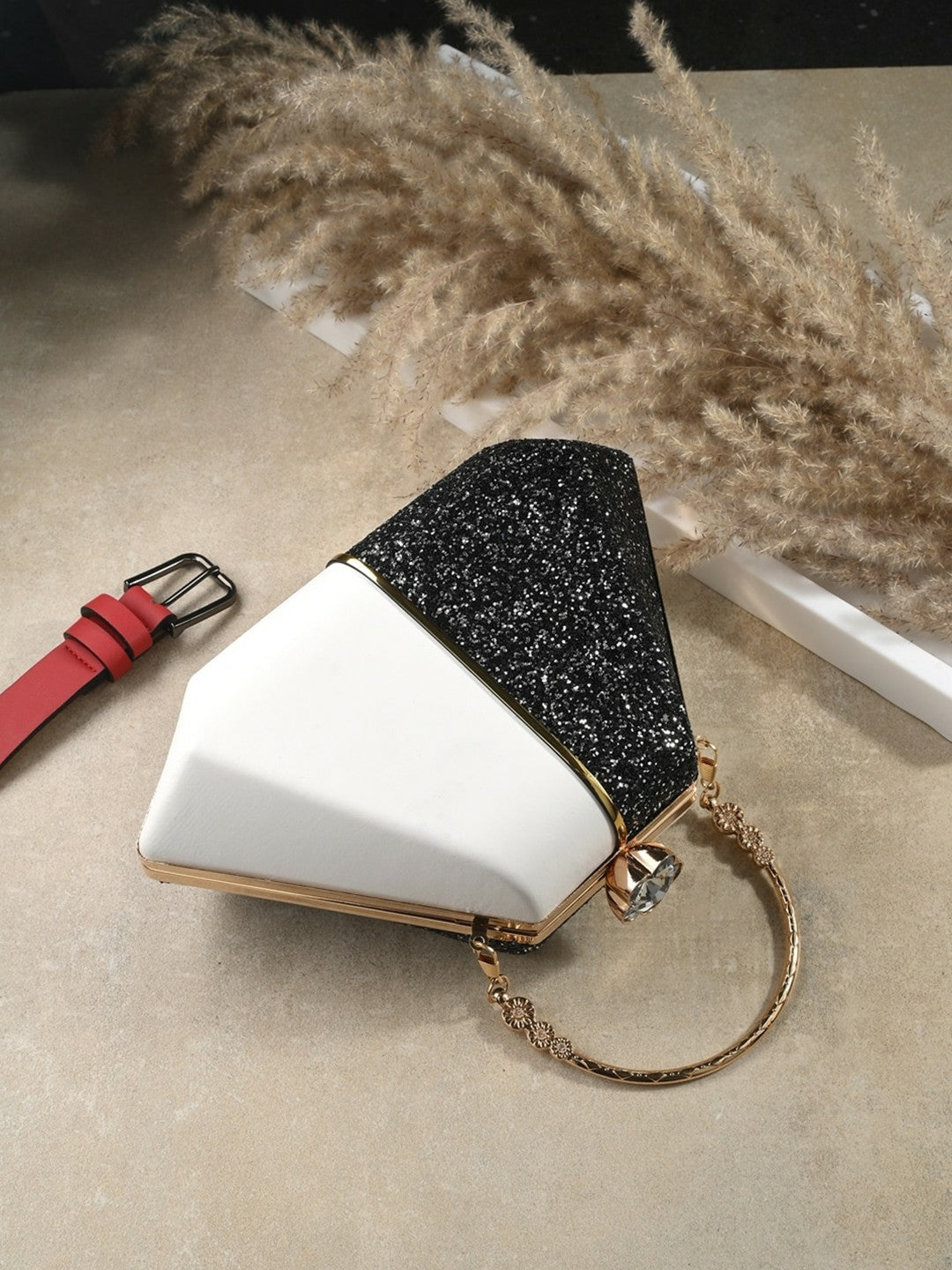 Black & White Colourblocked Embellished Box Clutch