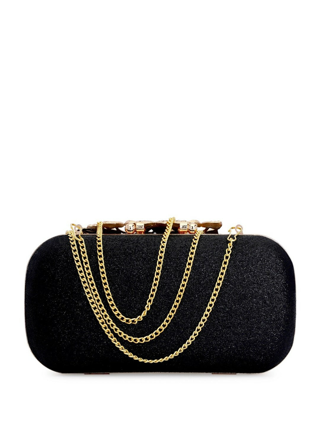 Black & Gold Embellished Box Clutch with Shoulder Strap