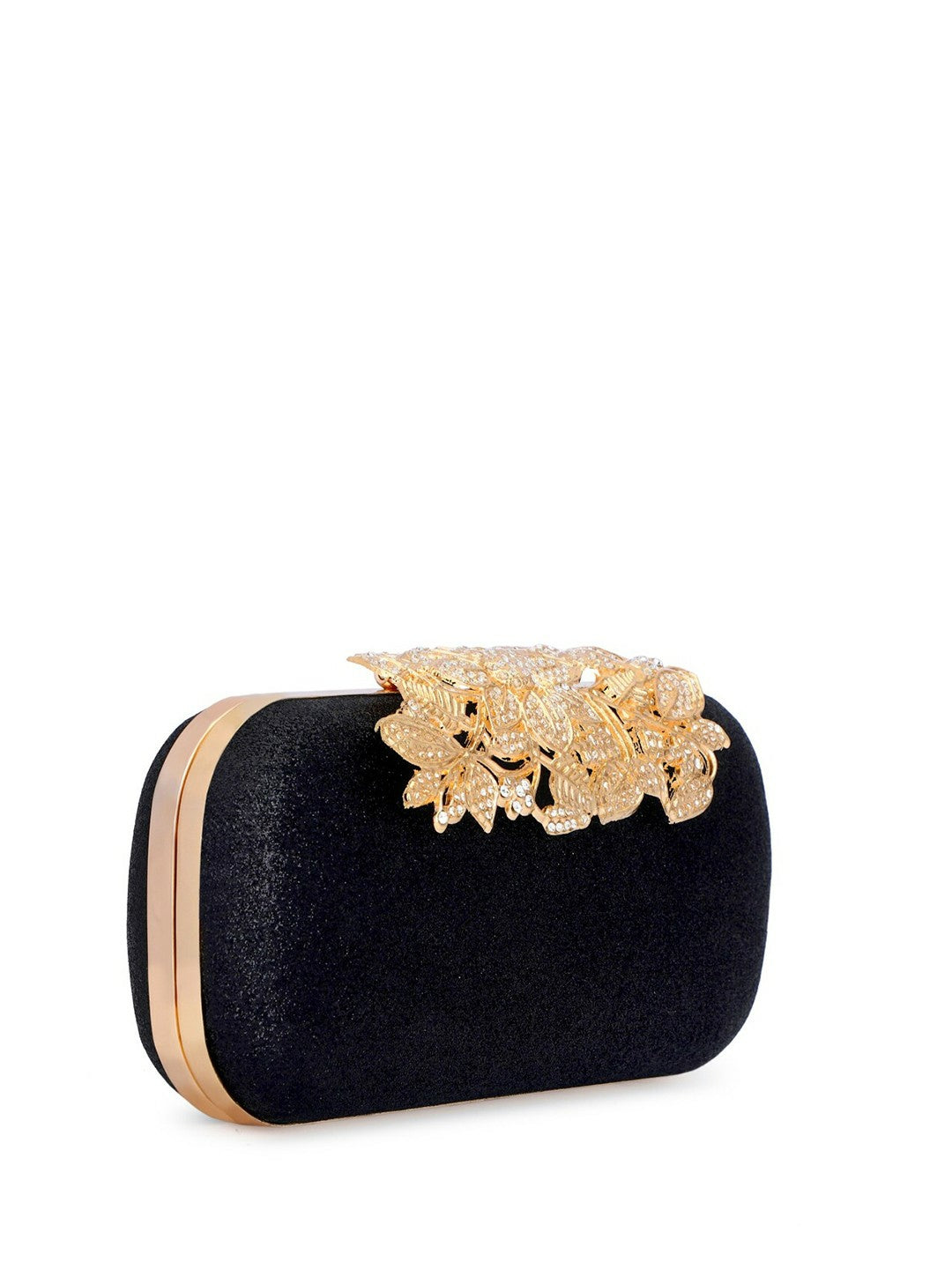 Black & Gold Embellished Box Clutch with Shoulder Strap