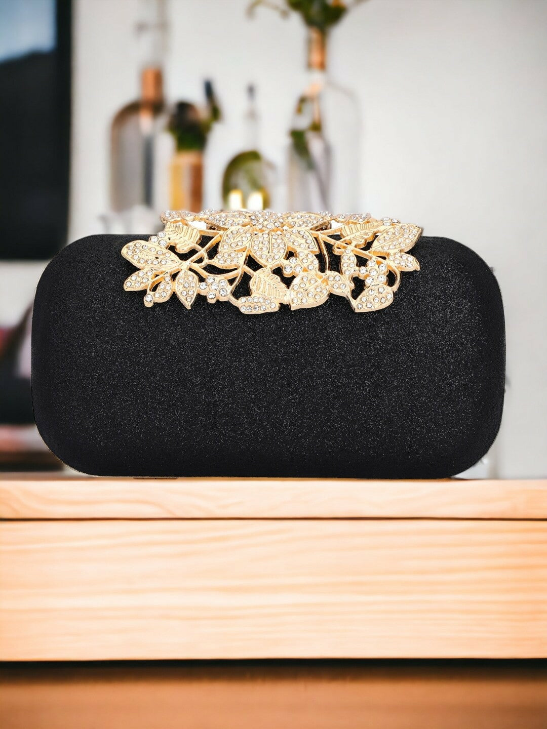 Black & Gold Embellished Box Clutch with Shoulder Strap