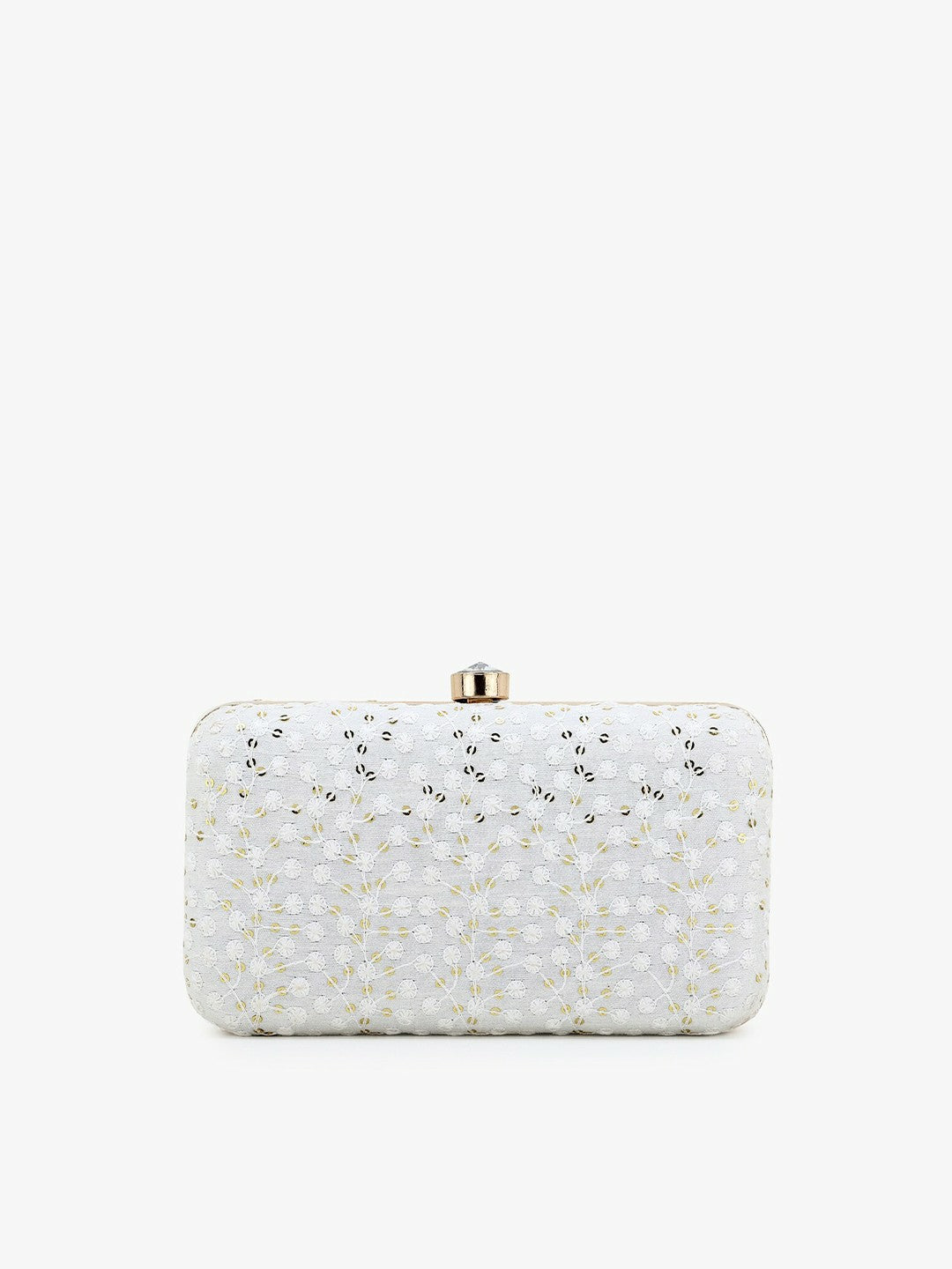 White & Gold Embroidered Box Clutch with Shoulder Strap – Elegant Evening Handbag with Click Closure