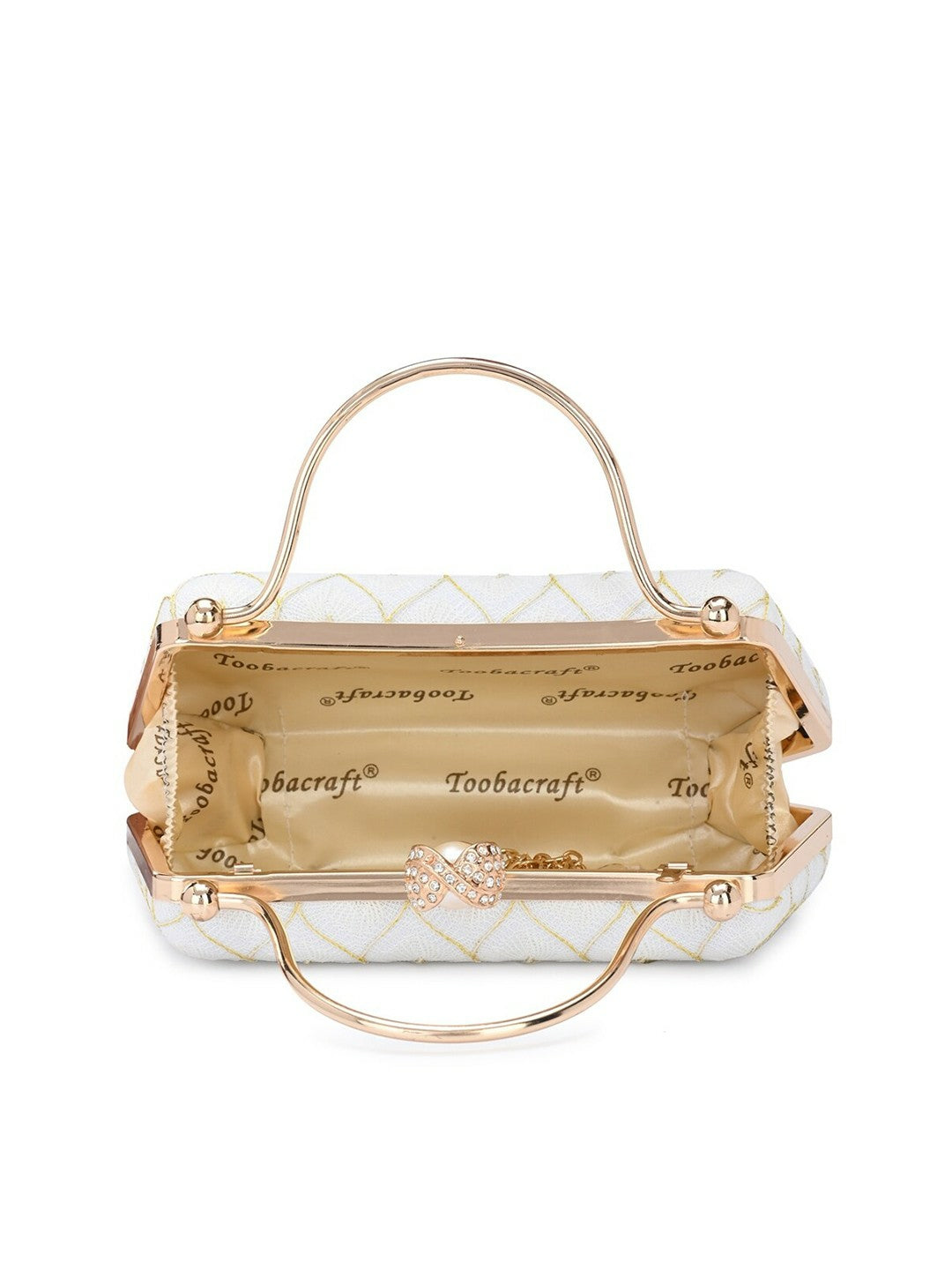 White Embellished Box Clutch with Wrist Loop & Twist Closure