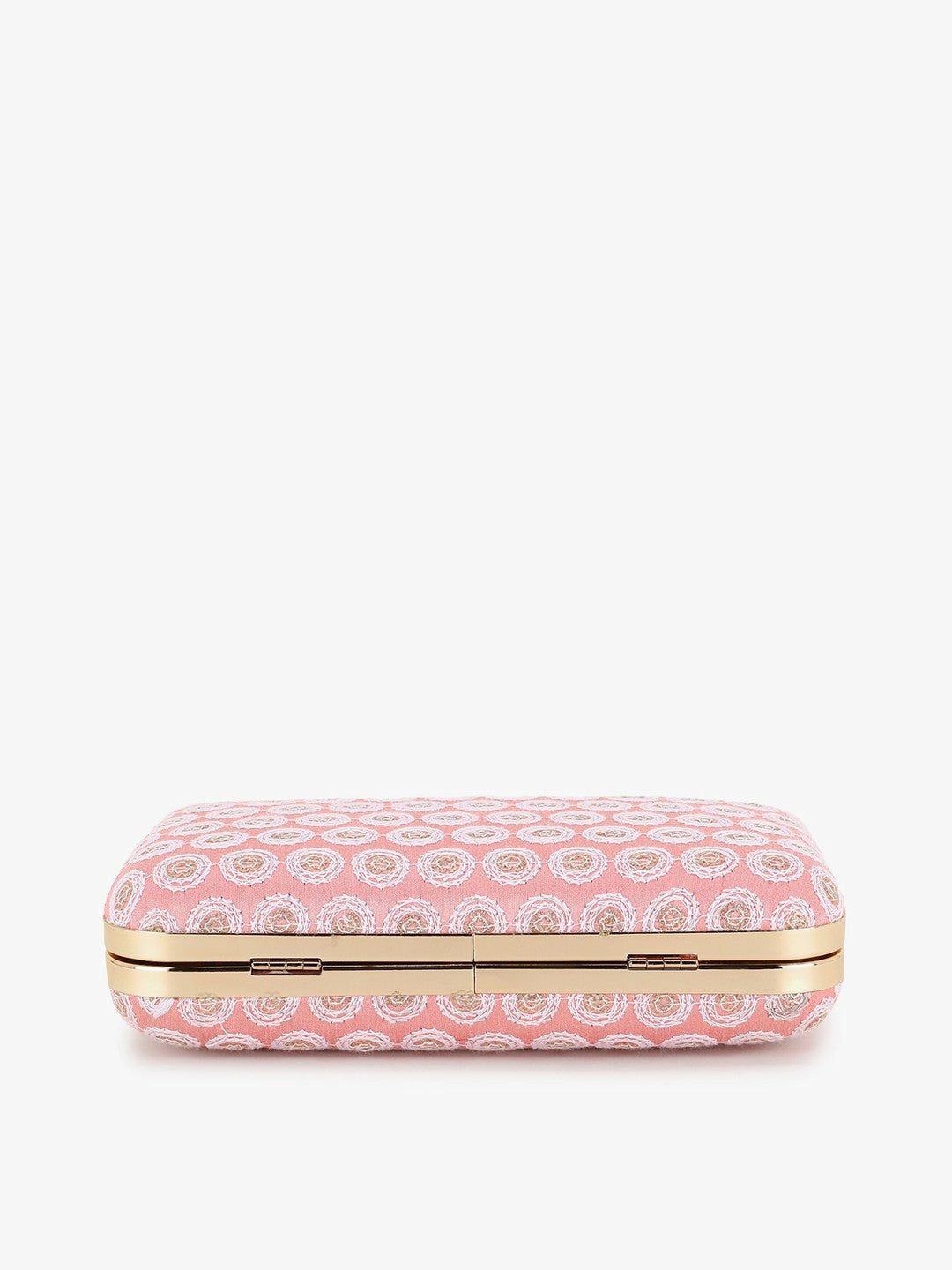 IndiaIsta Pastel Pink & White Box Clutch with Polka Dot Embroidery – Detachable Shoulder Strap & Faux Silk Fabric