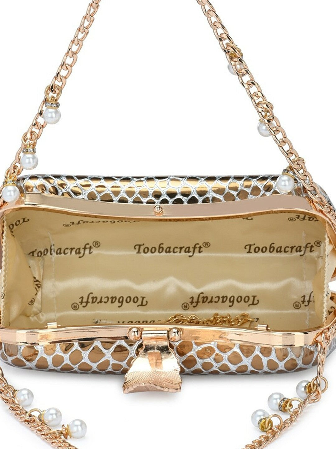 Gold & White Embellished Shoulder Strap Box Clutch