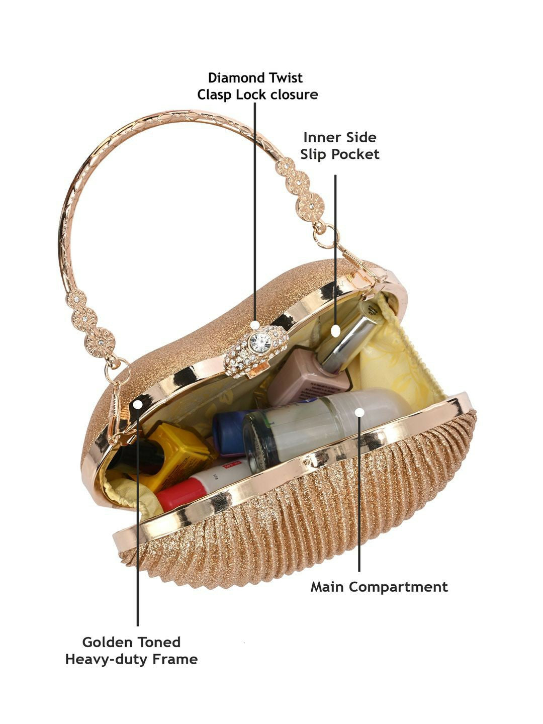 Gold-Toned Embellished Box Clutch with Dual Compartments & Strap
