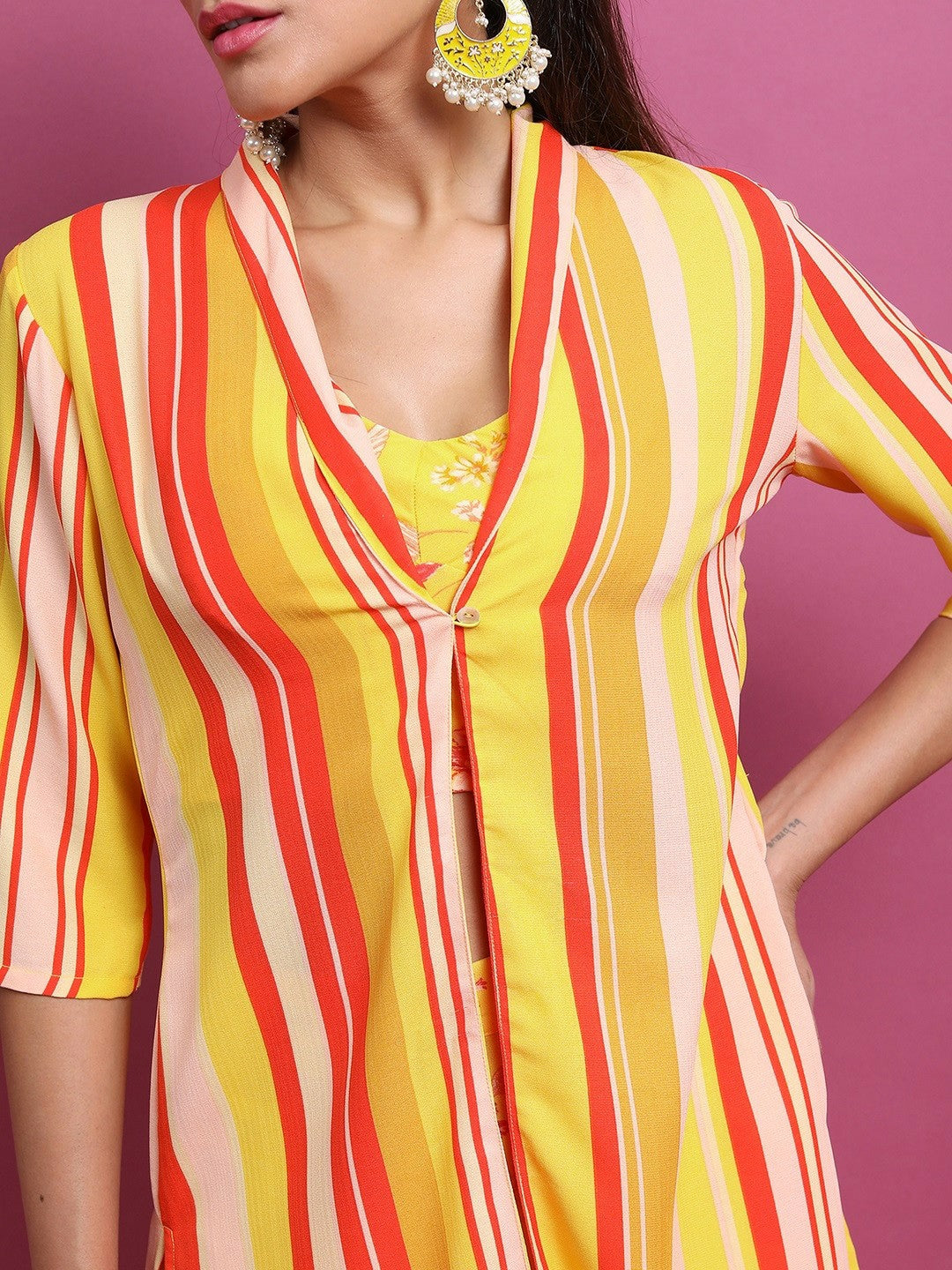 Yellow Printed Co-ord Set for Women – Striped Top with Palazzos & Jacket | Indiaista