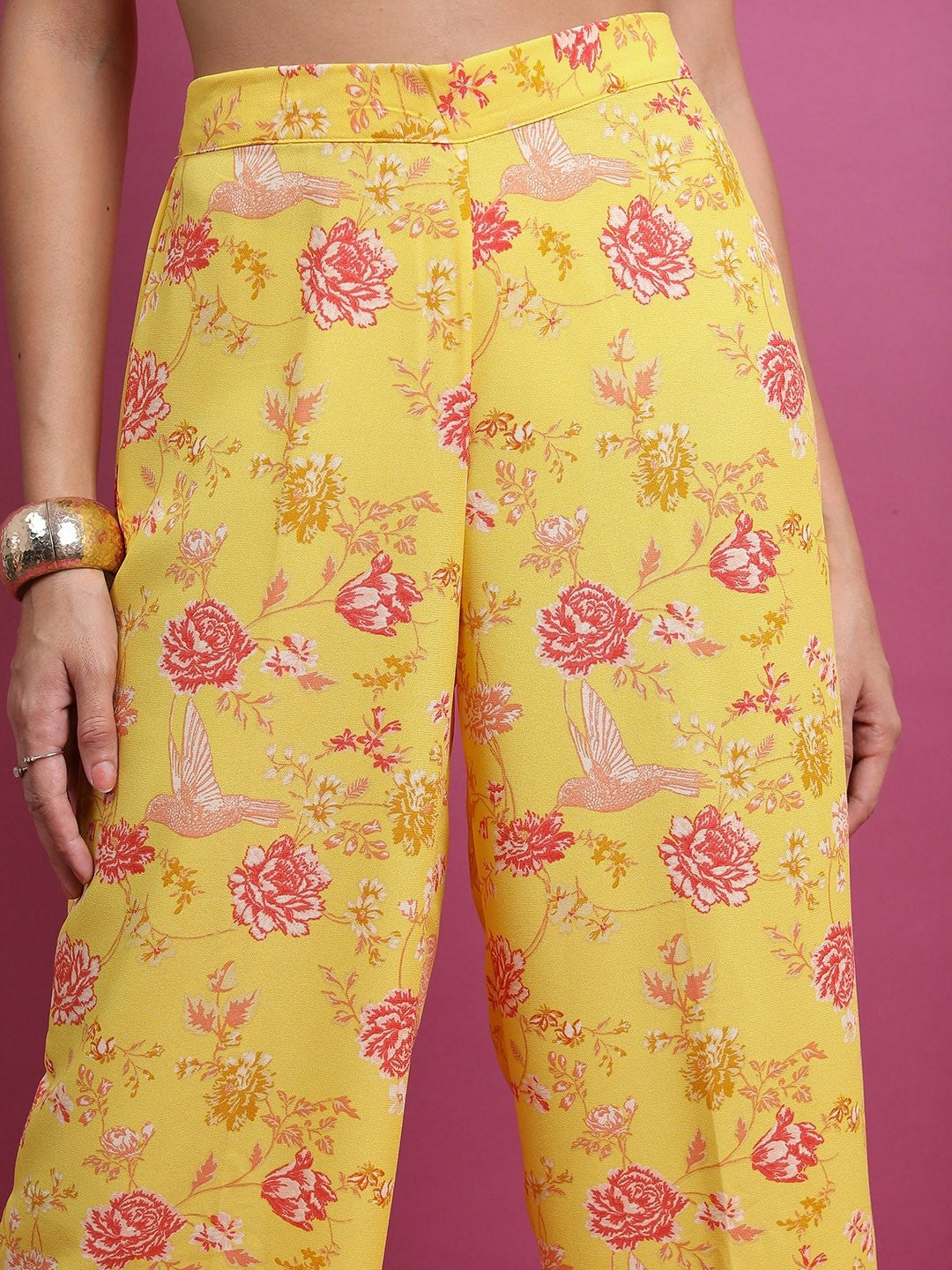 Yellow Printed Co-ord Set for Women – Striped Top with Palazzos & Jacket | Indiaista