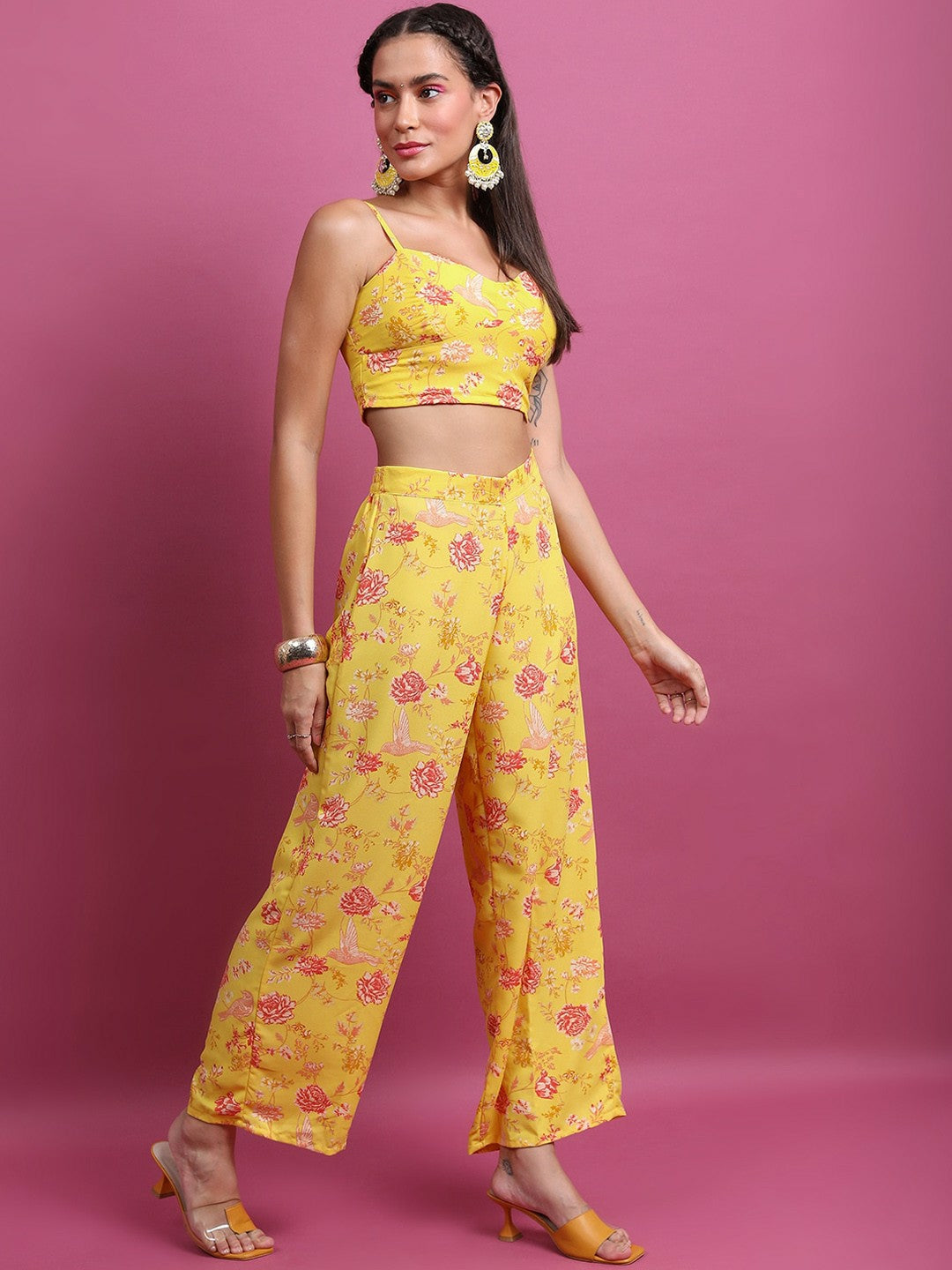 Yellow Printed Co-ord Set for Women – Striped Top with Palazzos & Jacket | Indiaista