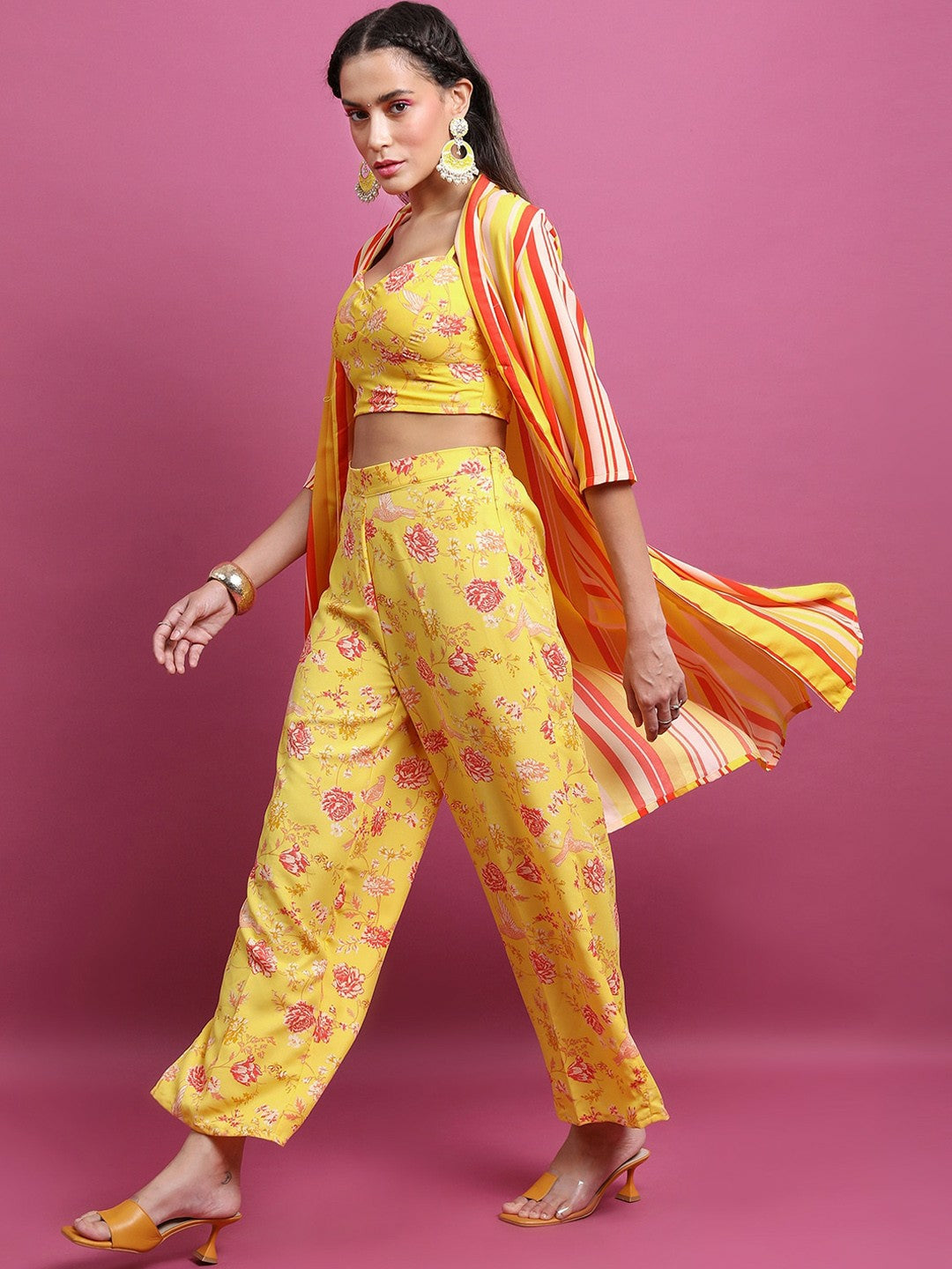 Yellow Printed Co-ord Set for Women – Striped Top with Palazzos & Jacket | Indiaista