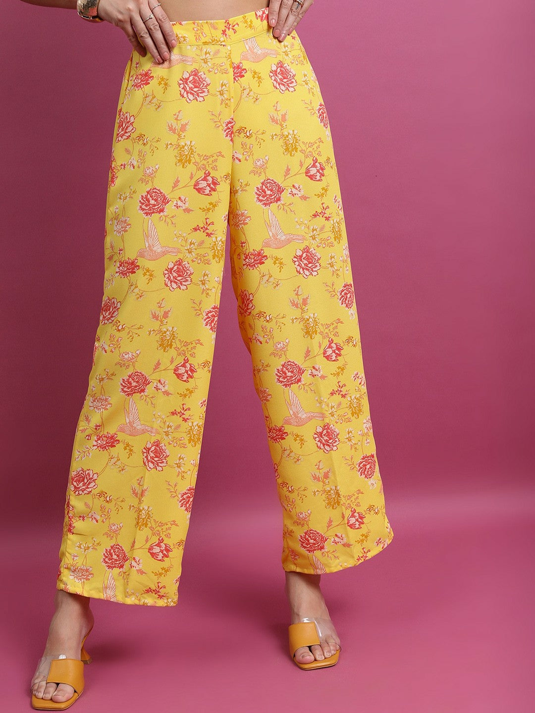 Yellow Printed Co-ord Set for Women – Striped Top with Palazzos & Jacket | Indiaista