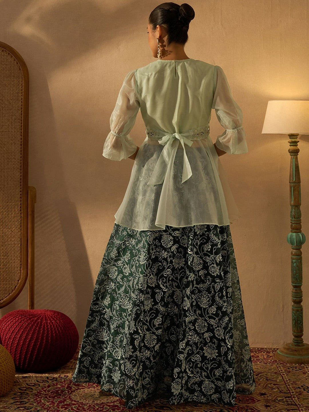 Women’s Green & White Embroidered Co-Ord Set – Stylish Top & Skirt with Belt | Indiaista