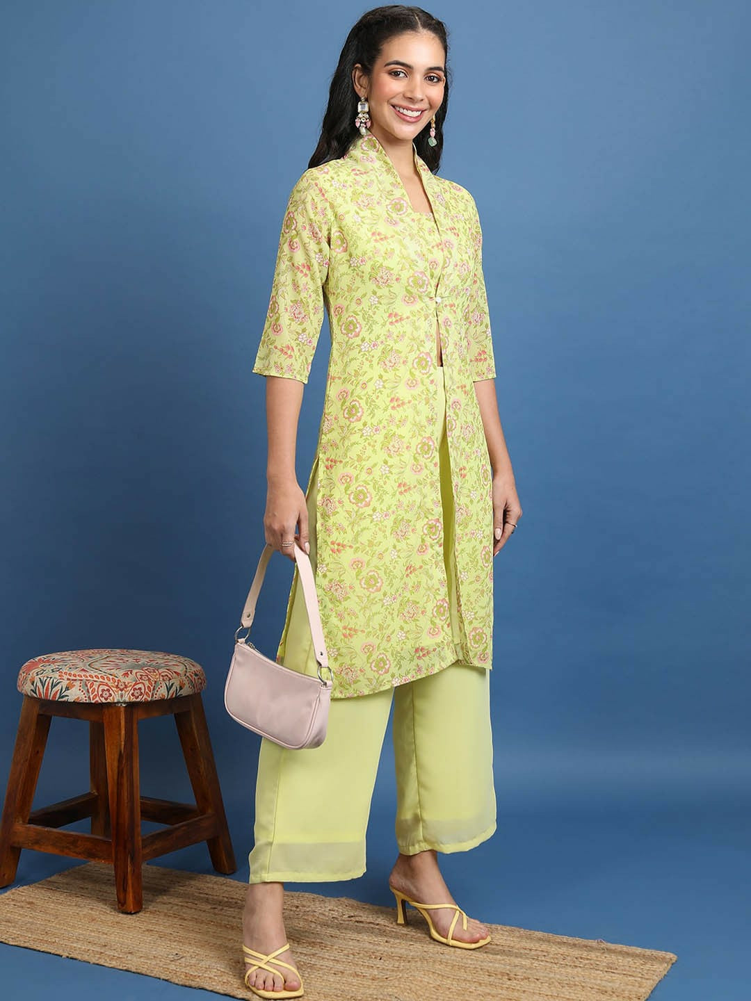 Lime Green Women's Co-ord Set – Stylish Printed Top, Jacket & Palazzo Pants | Indiaista