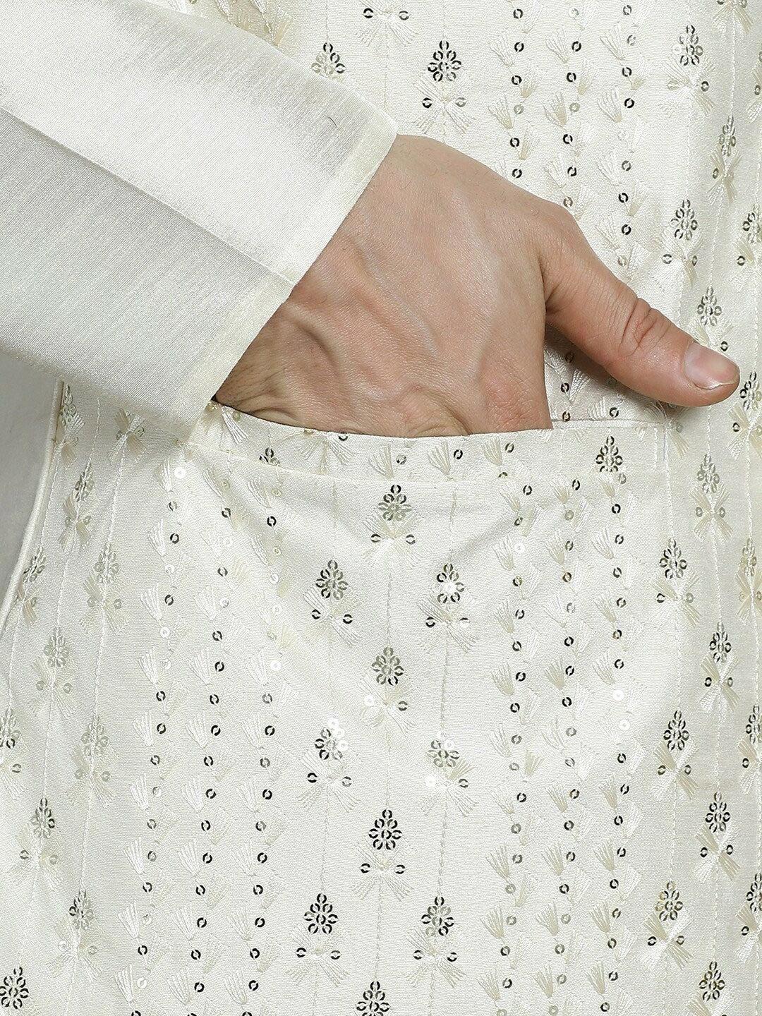 Men's White Embroidered & Sequined Nehru Jacket in Silk Blend