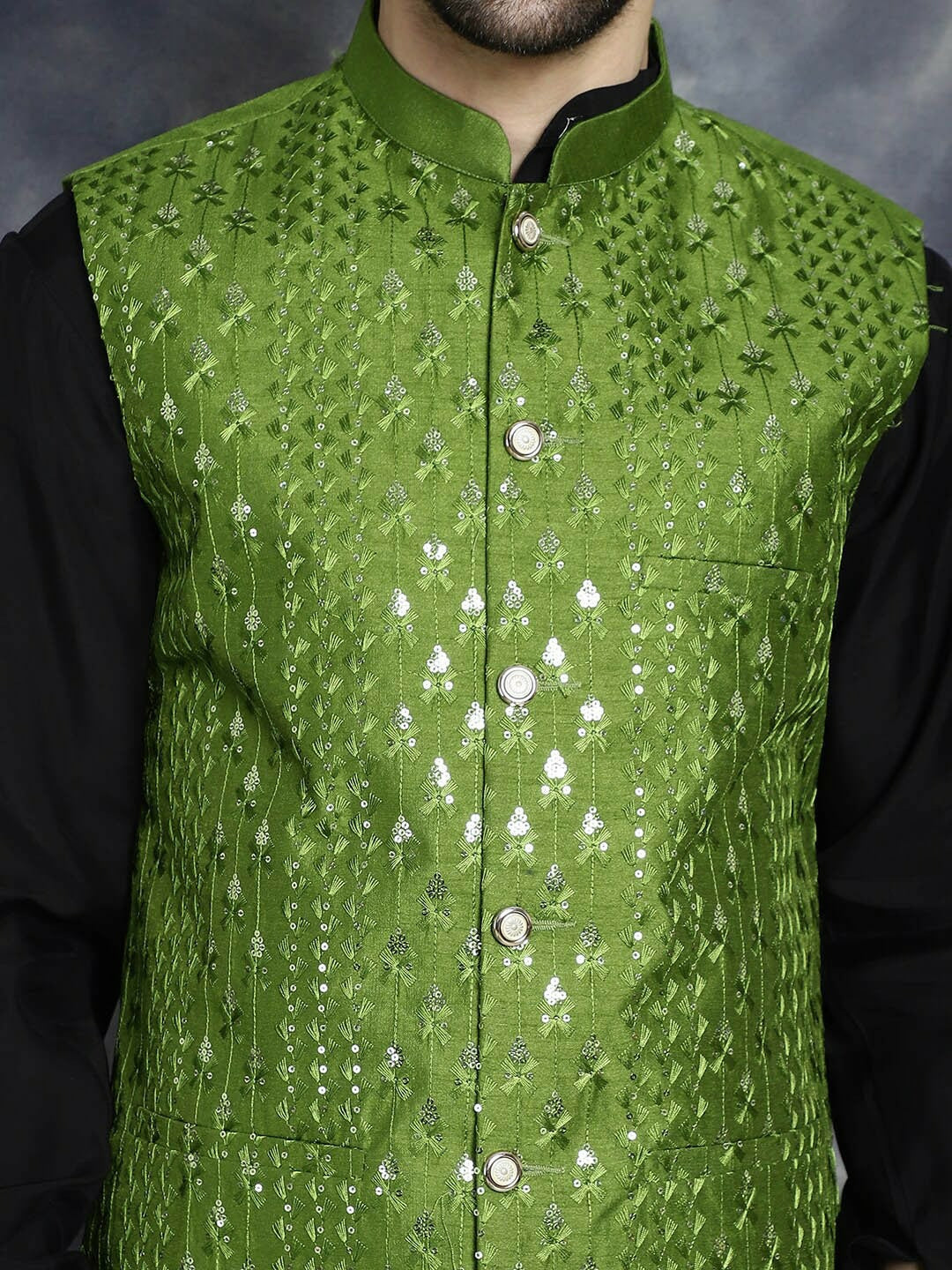 Men's Green Embroidered Sequin Nehru Jacket in Silk Blend