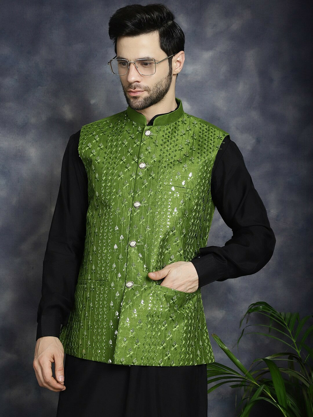 Men's Green Embroidered Sequin Nehru Jacket in Silk Blend