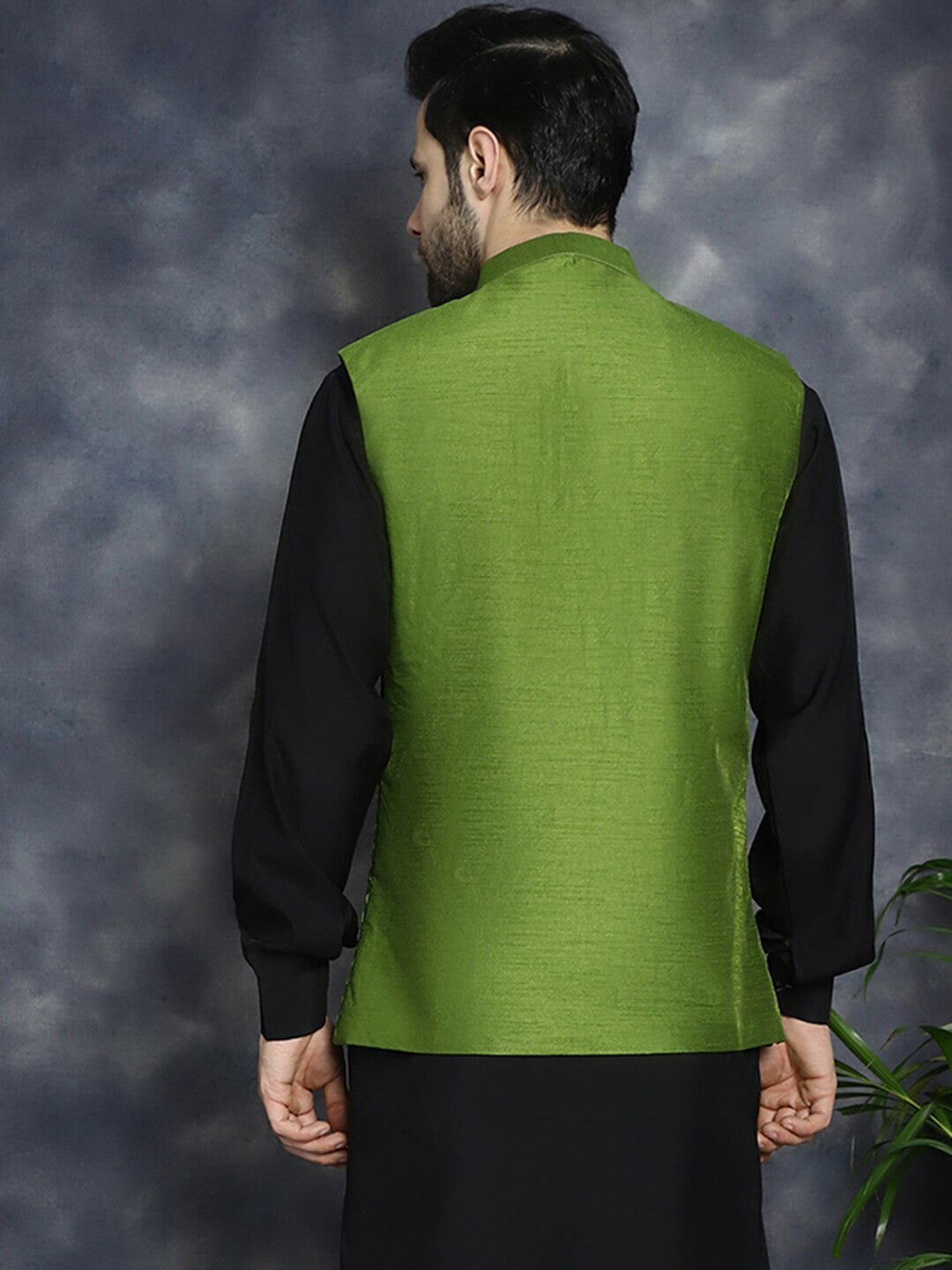 Men's Green Embroidered Sequin Nehru Jacket in Silk Blend