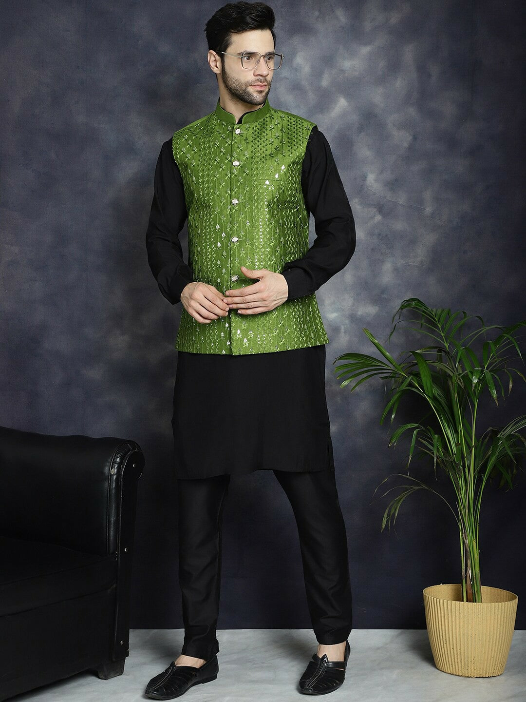 Men's Green Embroidered Sequin Nehru Jacket in Silk Blend