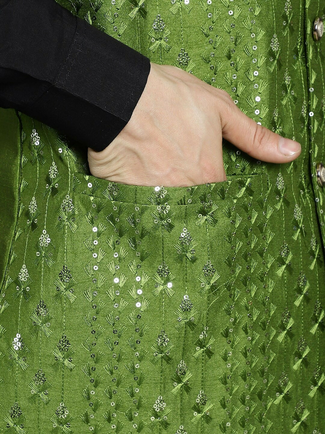 Men's Green Embroidered Sequin Nehru Jacket in Silk Blend