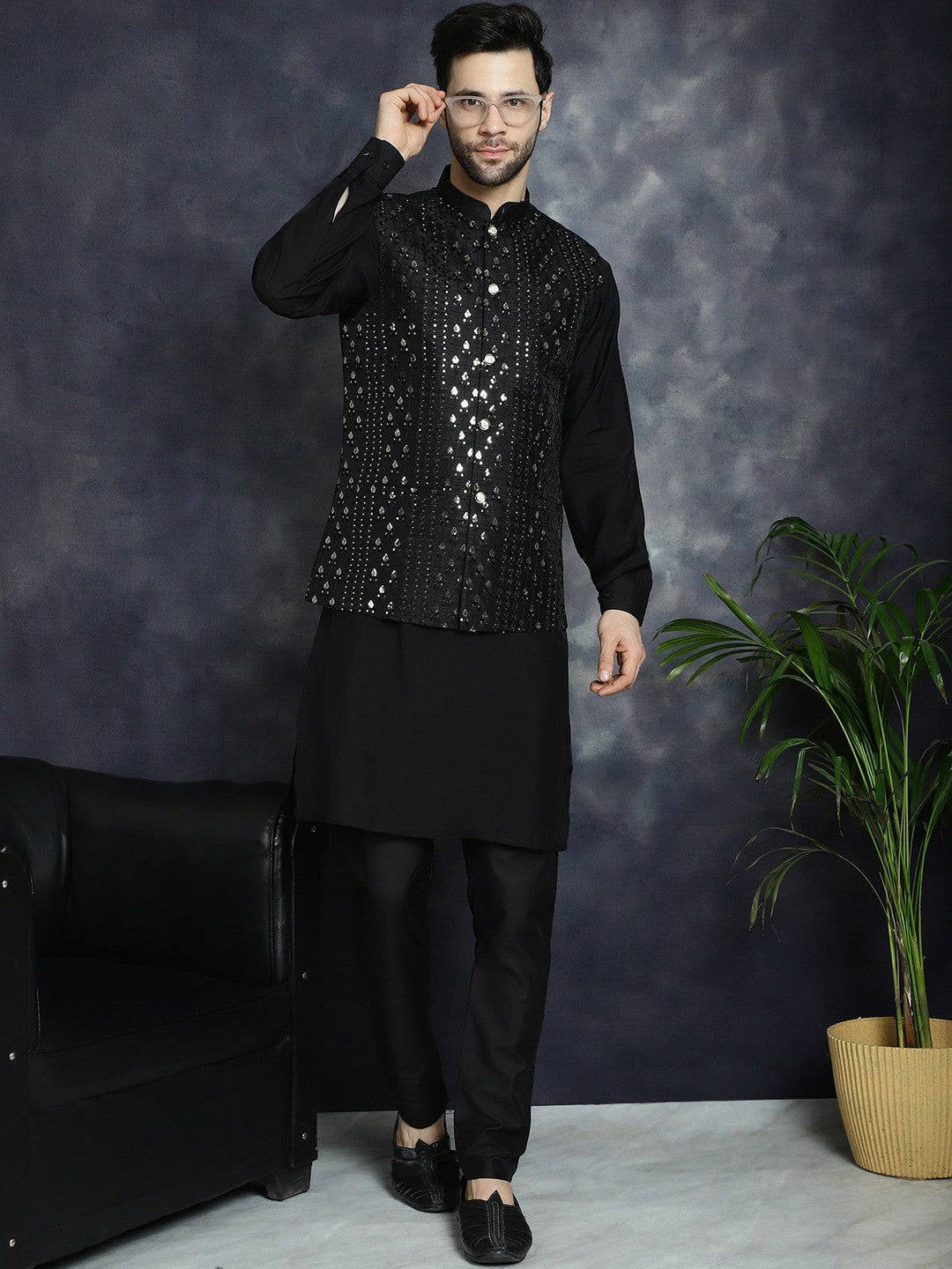 Men's Black Embellished Satin Nehru Jacket in Silk Blend