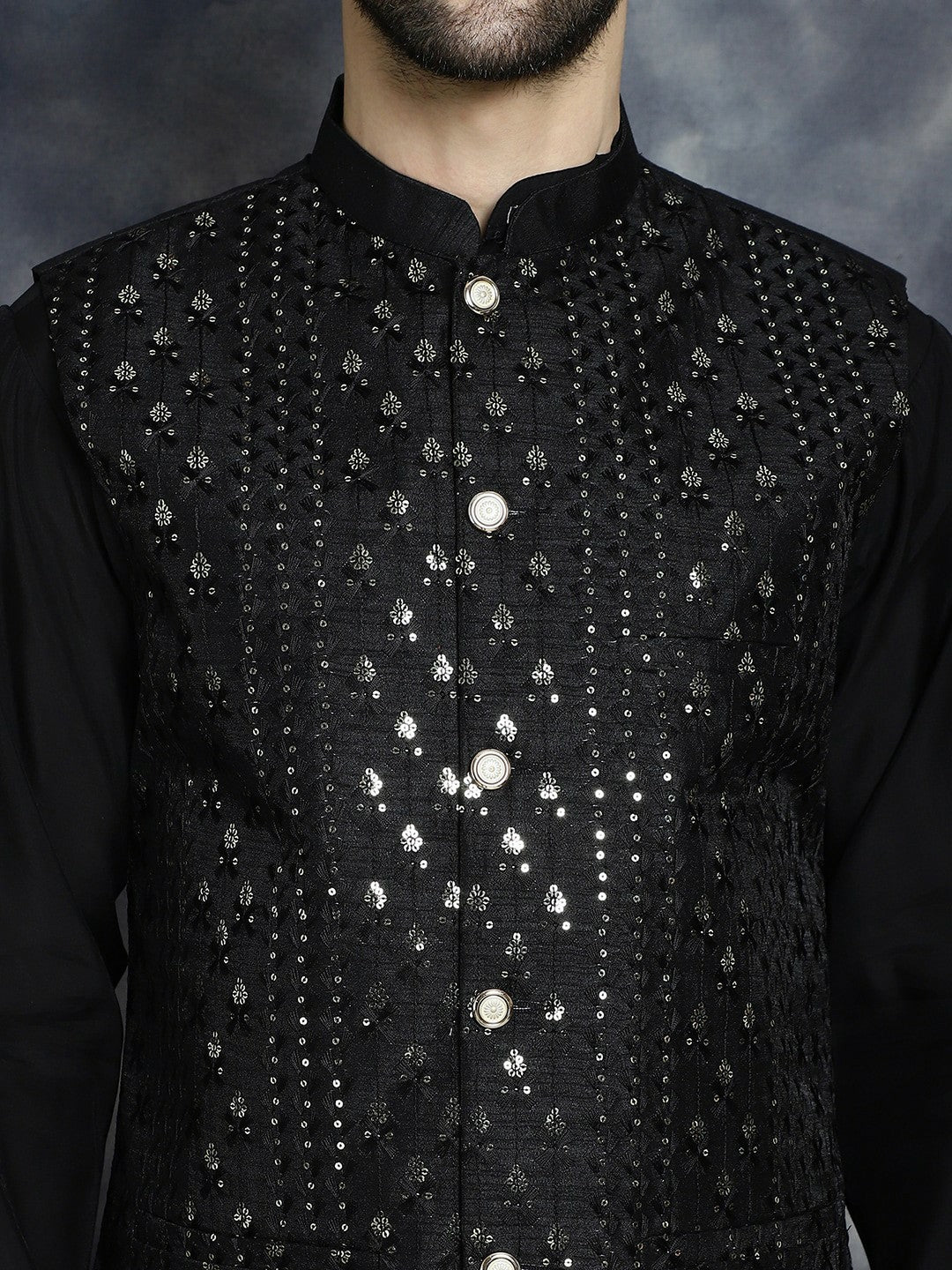 Men's Black Embellished Satin Nehru Jacket in Silk Blend