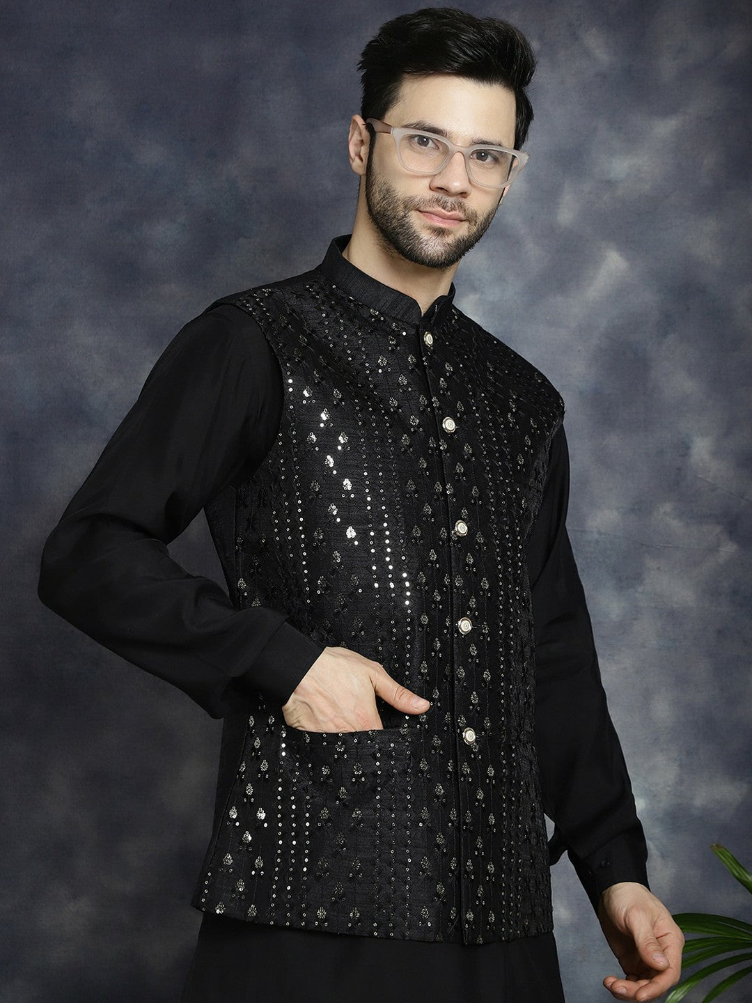 Men's Black Embellished Satin Nehru Jacket in Silk Blend