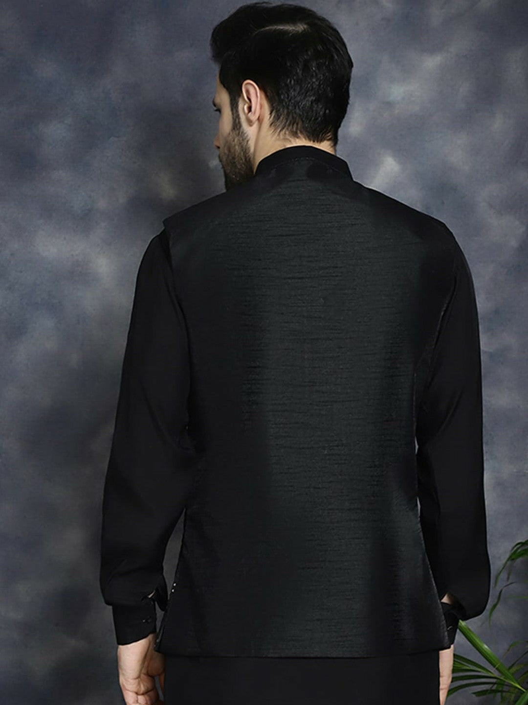 Men's Black Embellished Satin Nehru Jacket in Silk Blend