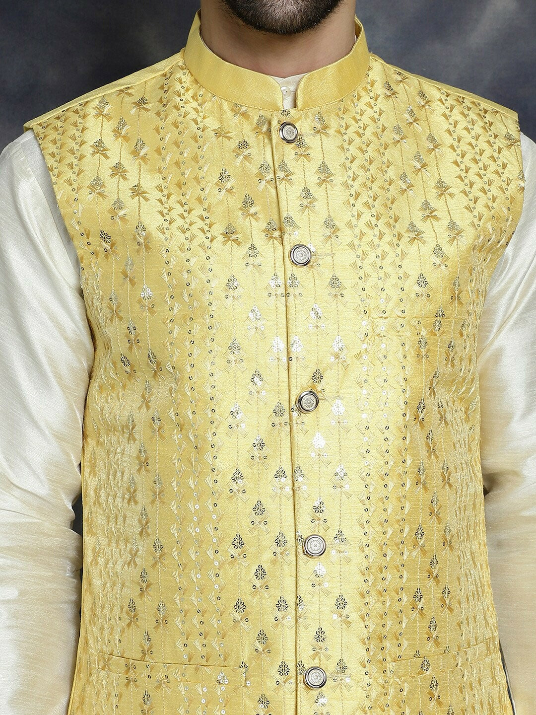 Men's Yellow Embroidered Nehru Jacket in Silk Cotton Blend