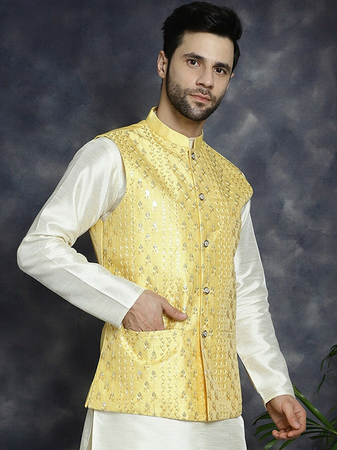 Men's Yellow Embroidered Nehru Jacket in Silk Cotton Blend
