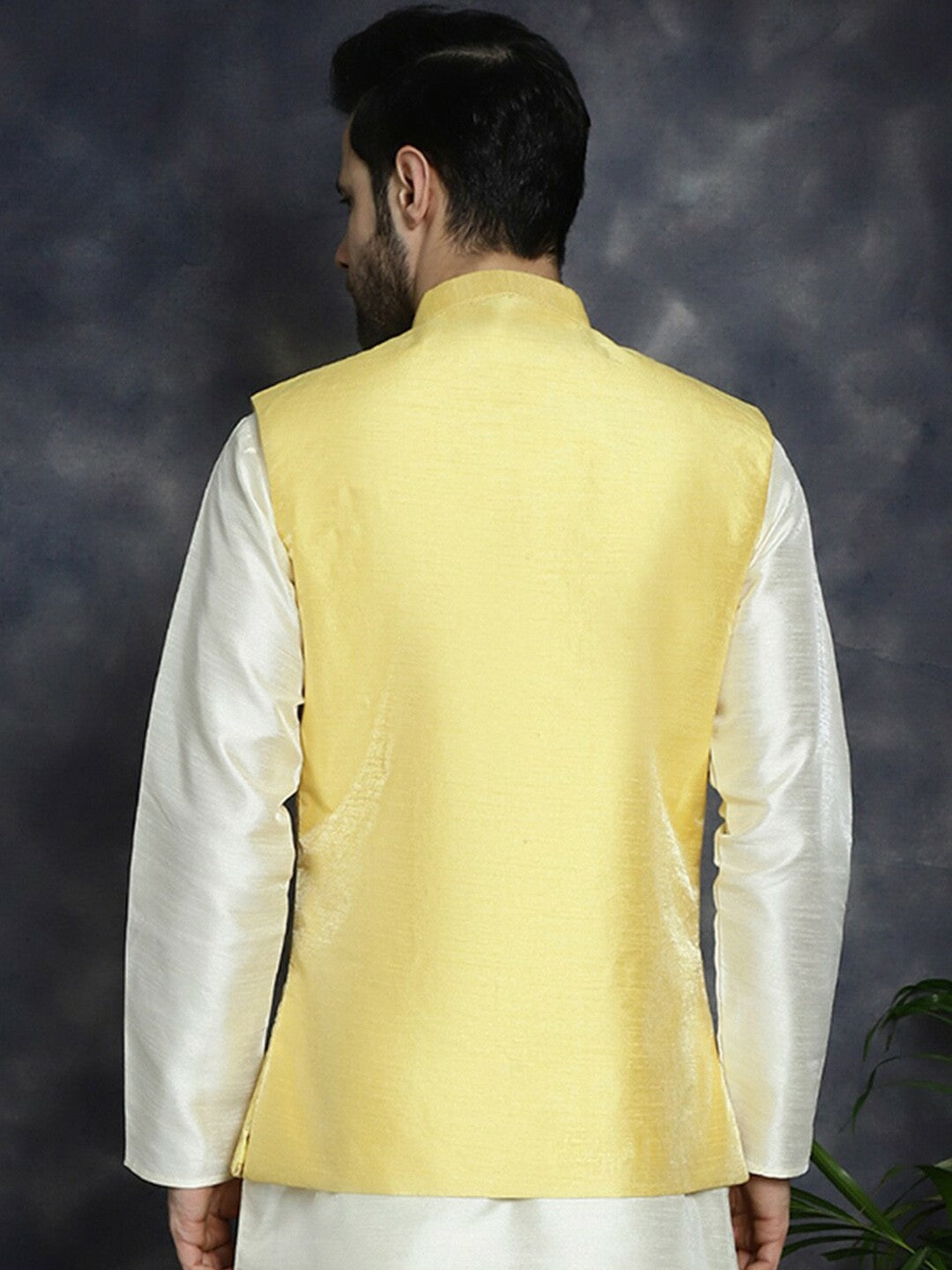 Men's Yellow Embroidered Nehru Jacket in Silk Cotton Blend