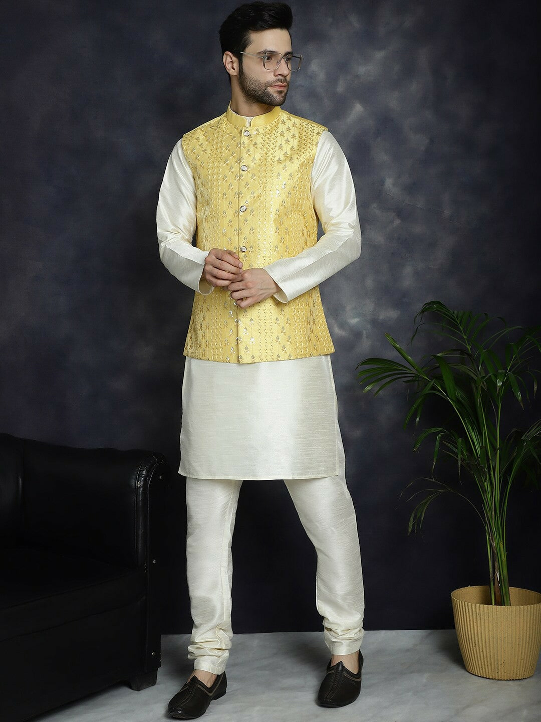 Men's Yellow Embroidered Nehru Jacket in Silk Cotton Blend