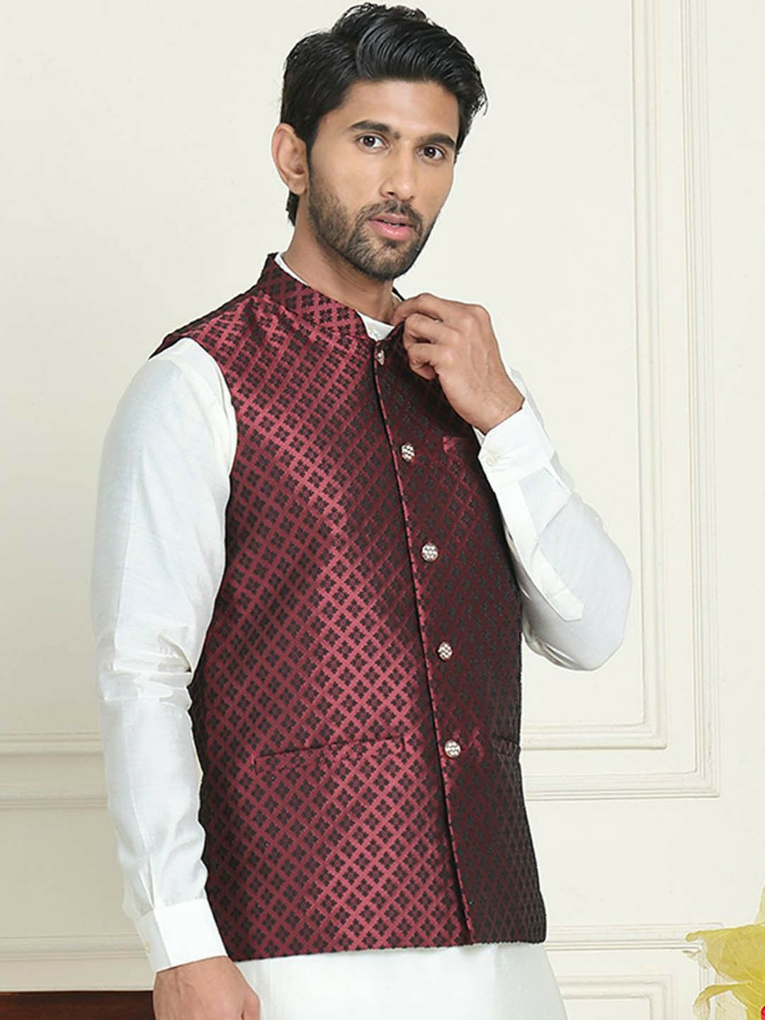 Men's Maroon & Black Woven Nehru Jacket with Mandarin Collar